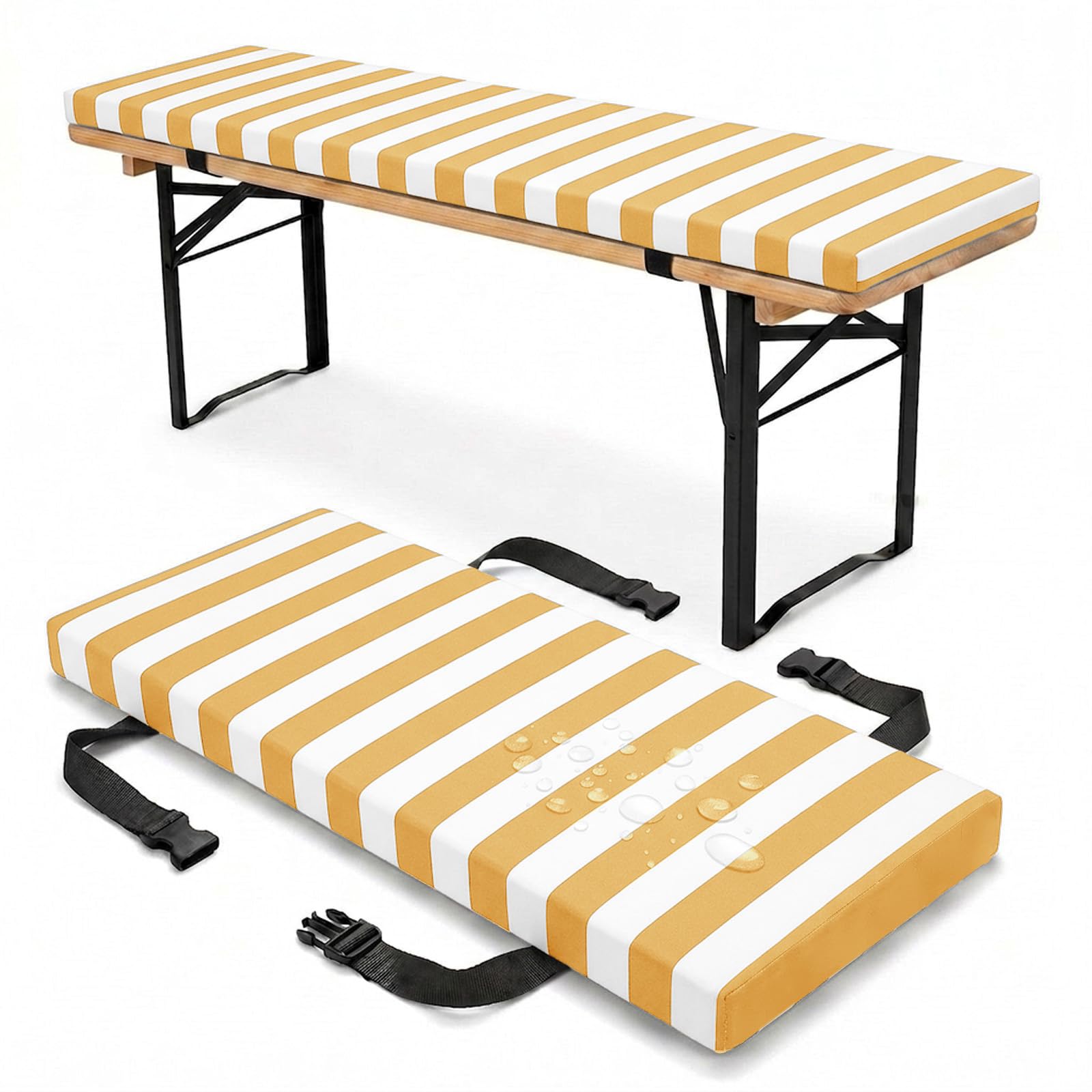 PTKG Bench Cushion Outdoor Lightweight & Durable Thickness 3cm Picnic Bench Cushions Removable Cover Water-Repellent Wooden Bench Kitchen Chair Cushions Patio, Dining,Yellow,130x28x3cm