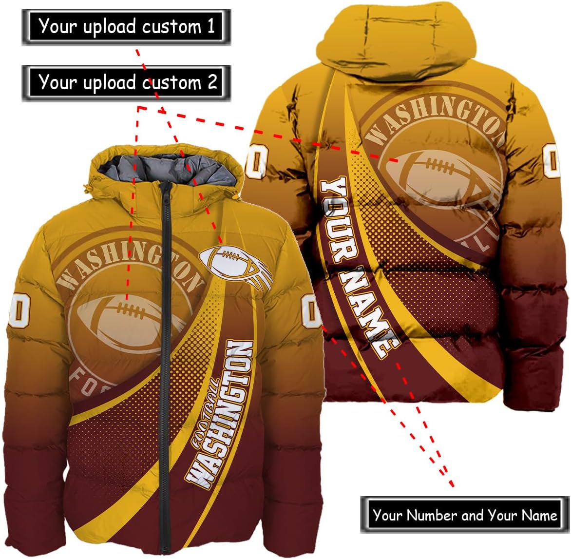 Personalized Washington Football Team Commanders Men's Hooded Puffer Jacket