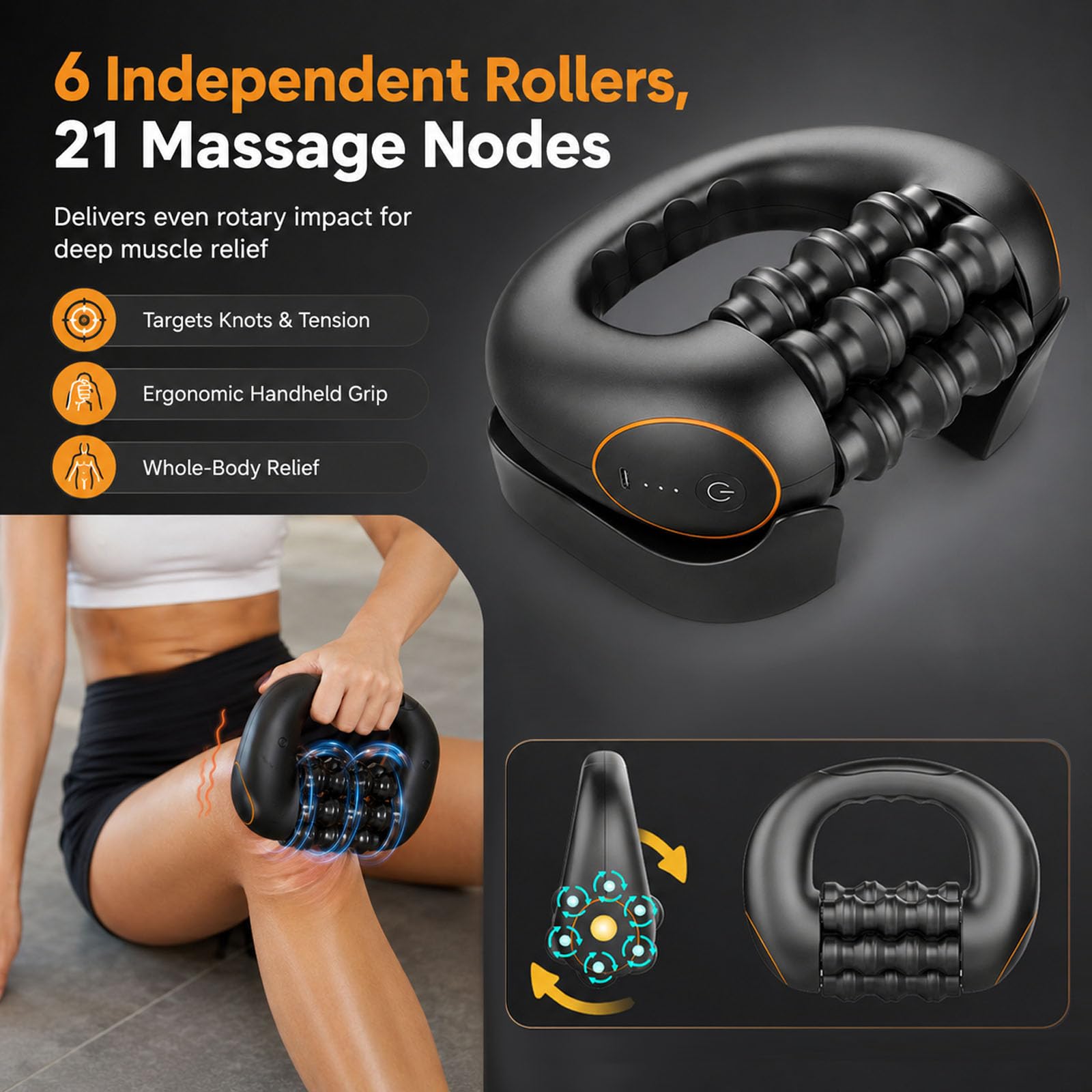 Electric Handheld Rolling Massager, 3 Vitesses, Moteur Puissant, Large Surface – Rouleau de Massage pour Le Dos, Épaules, Jambes – Masseur à Rouleaux Rechargeable