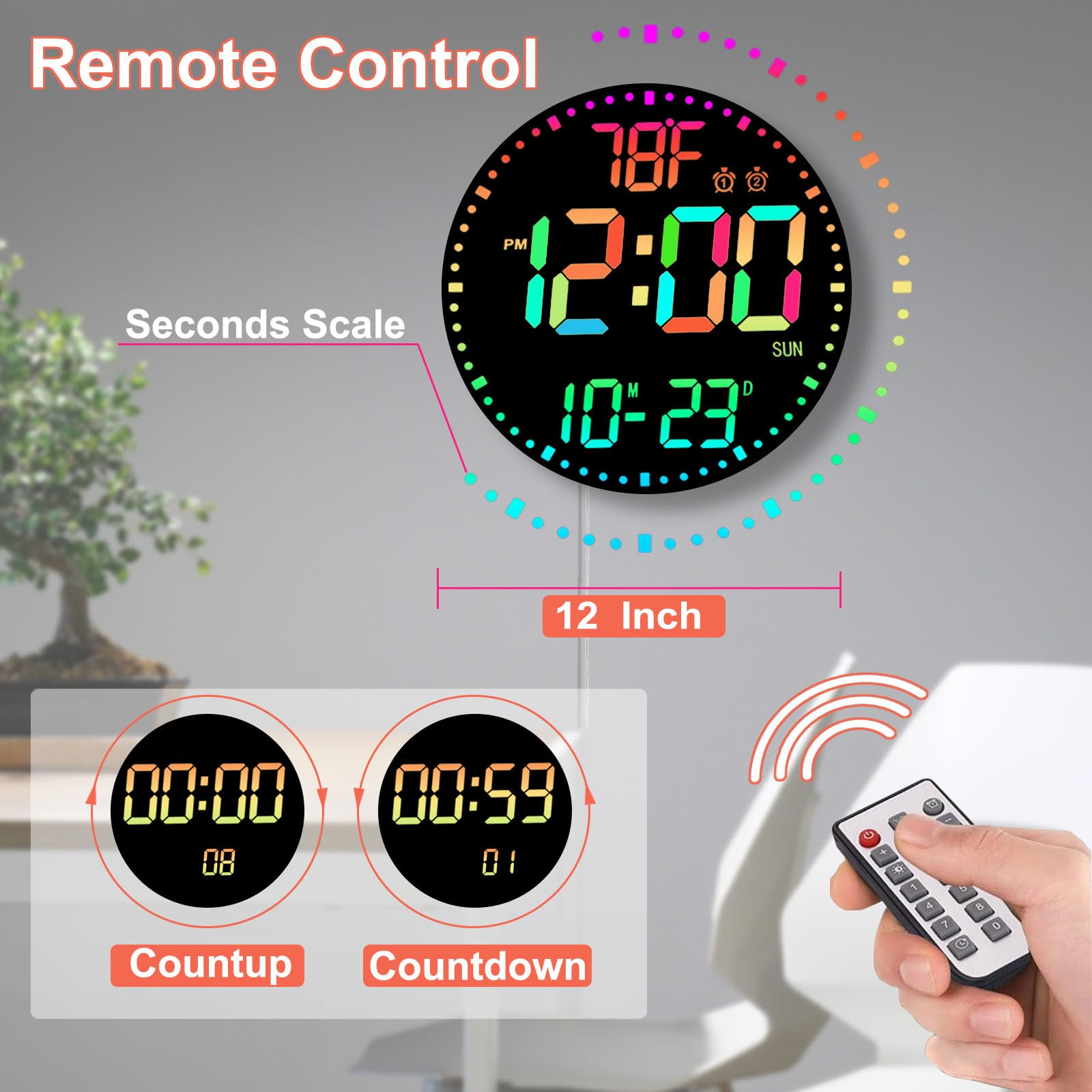 QINFIEY Grande horloge murale numérique RVB à changement de couleur avec télécommande | Affichage LED avec 3 niveaux de luminosité et affichage de la température | Parfaite pour la maison, la salle de