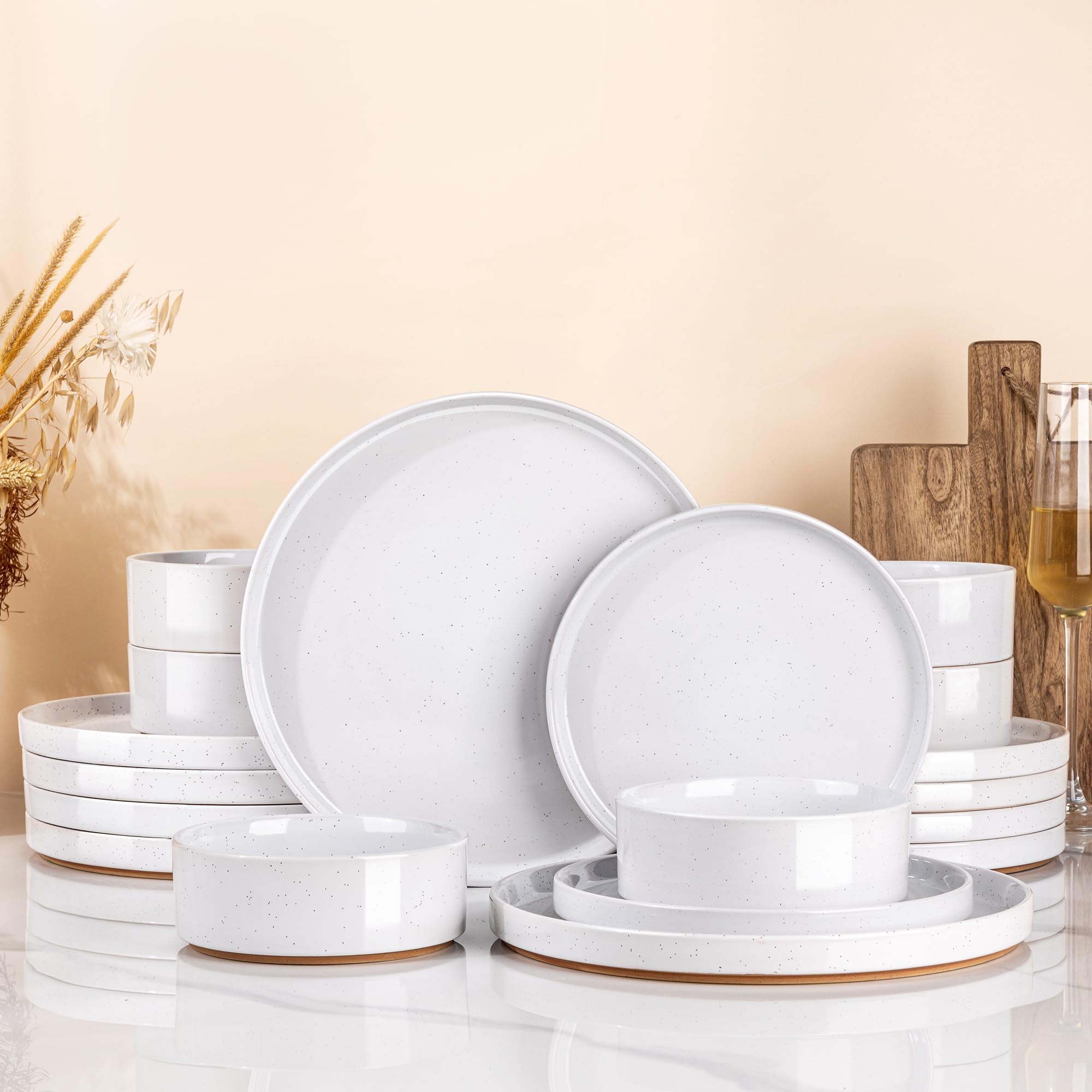 AmorArc Ceramic Dinnerware Set for 4 | Speckled Stoneware Plates and Bowls with unglazed terracotta | Scratch Resistant, Dishwasher & Microwave Safe Dishes Sets- 12-Pcs Milk White
