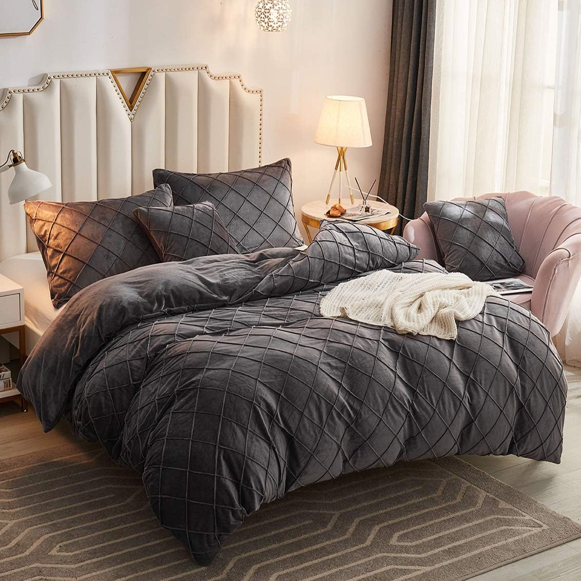 JAUXIO Diamond Pinch Pleated Crystal Velvet Bedding Set Solid Pintuck Duvet Cover with Pillow Shams for Home Decor Zipper Closure (Dark Grey, King)