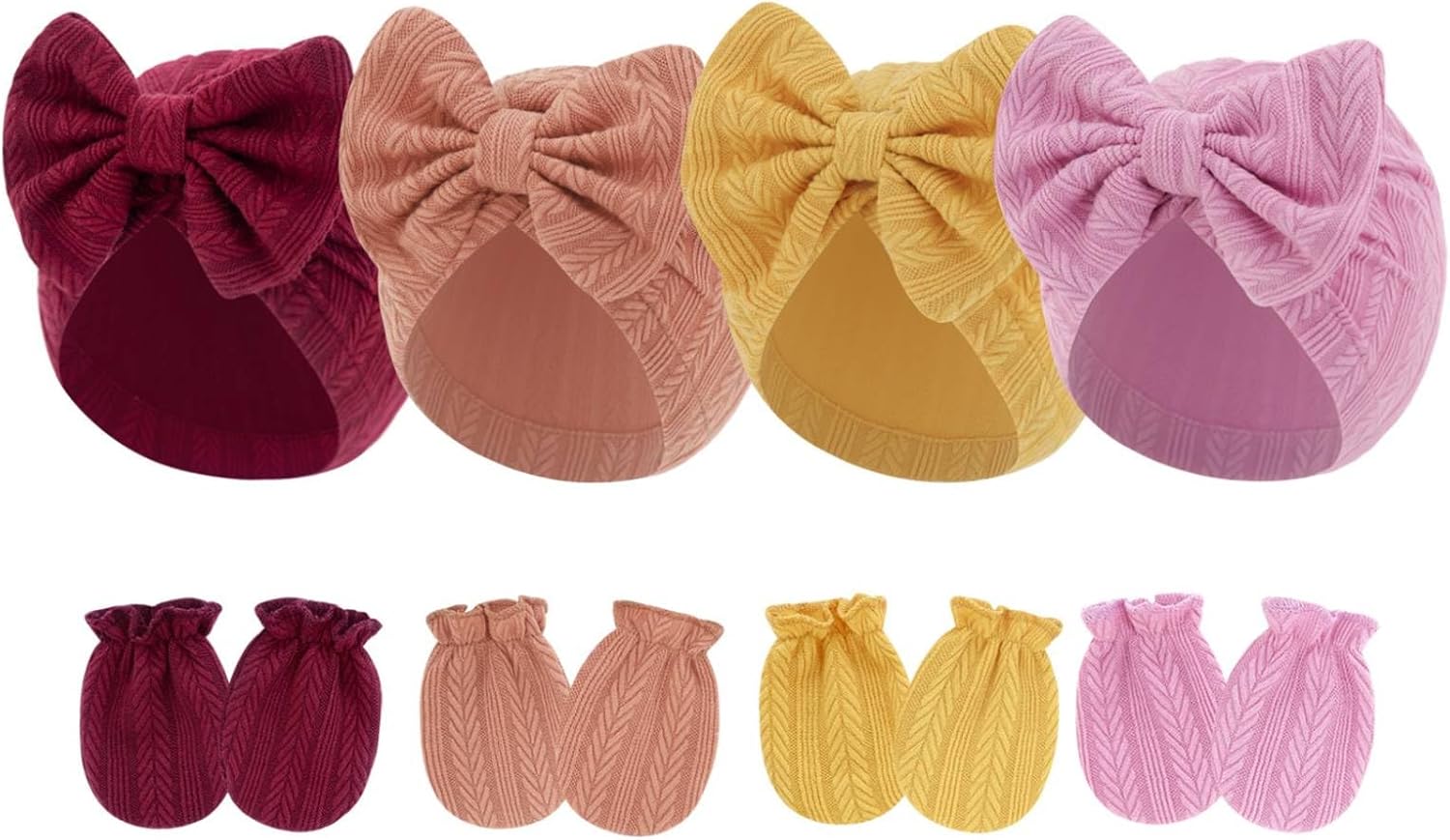 4 Pcs Newborn Hats Mittens Set Infant Cap Bow Hospital Beanie Preemie Hat for Baby Boy Girl 0-6