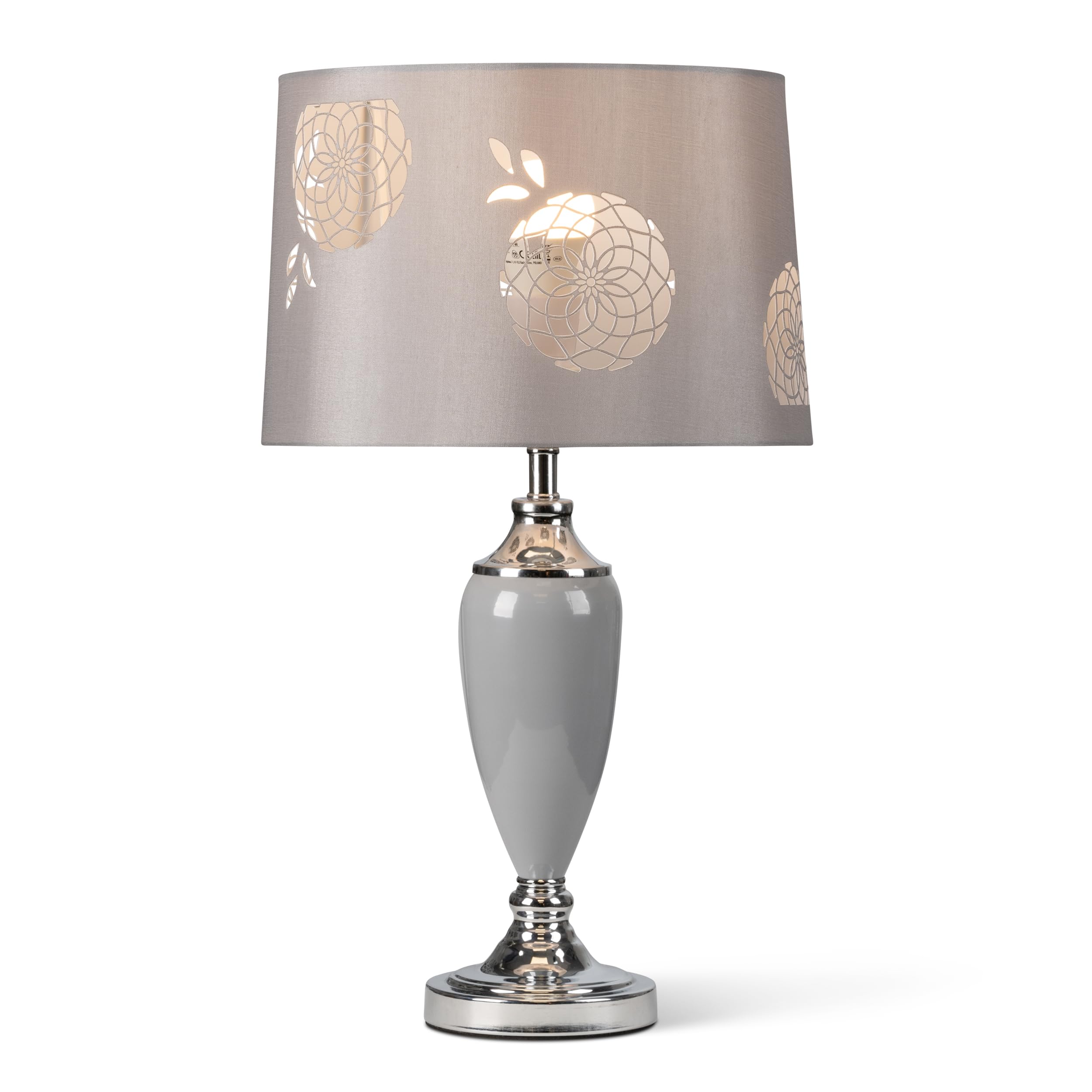 Lighting Supermarket Various Malham Large Classic Ceramic Table Lamp With Lacy Bloom Stencil Shade - Modern Grey And Satin Silver