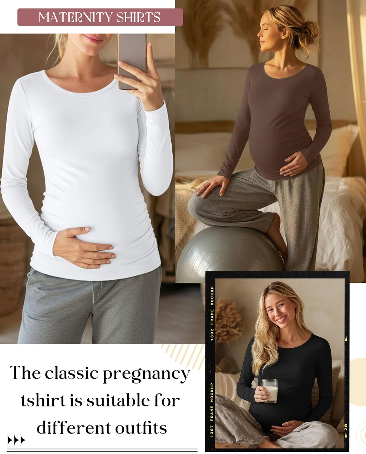 Ficerd 3 Pack Women's Maternity Shirts, Long Sleeve Side Ruched Pregnancy Tee Tops Crew Neck Casual Mama Clothes Basic Tunic - Image 3