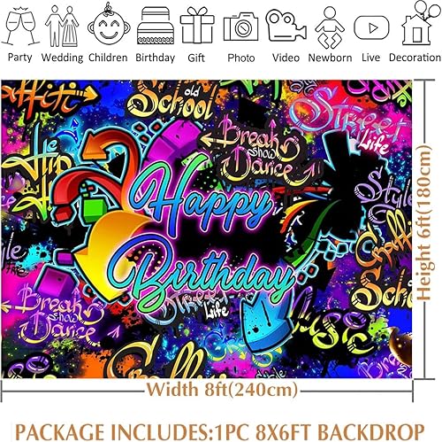 Miniatura 4 de Avezano Fondo de cumpleaños de graffiti neón, fondo retro de hip hop, fondo de fotografía de fiesta de los años 80 y 90, decoración de fiesta de