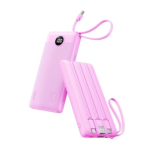 VRURC Portable Charger, Built-in 4 Cables Power Bank 10000mAh, Lightweight USB C Portable Phone Charger, 5 Output 2 Input Compatible with Smart Phones,Samsung,Android etc-Purple(1 Pack)
