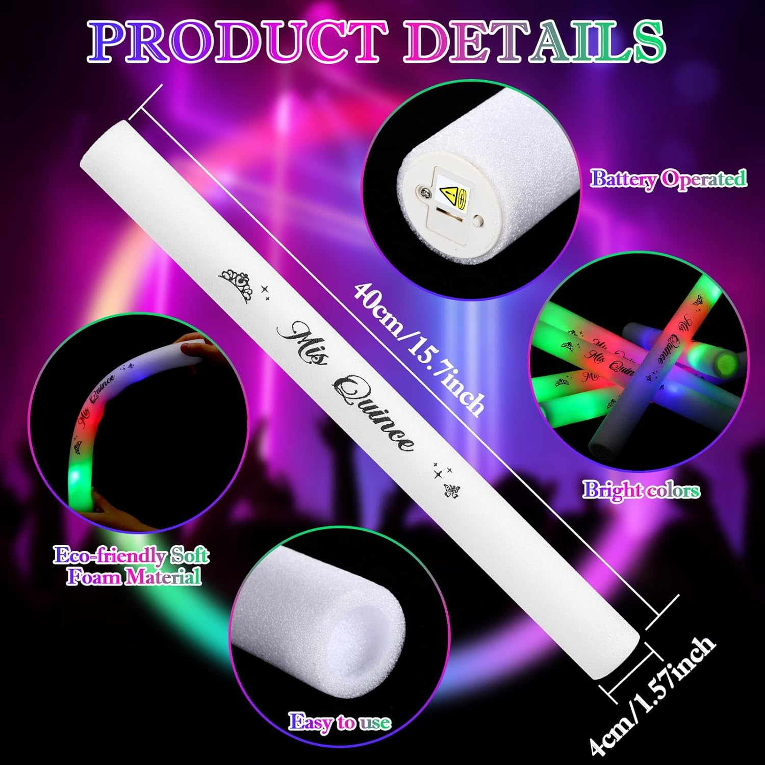 Quinceanera Party Favors Glow Sticks Foam Light up LED Sticks Foam Light Wands with 3 Modes Colorful Flashing Quinceanera Decor for 15th Birthday Mis Quince Anos Guest Dance Concert