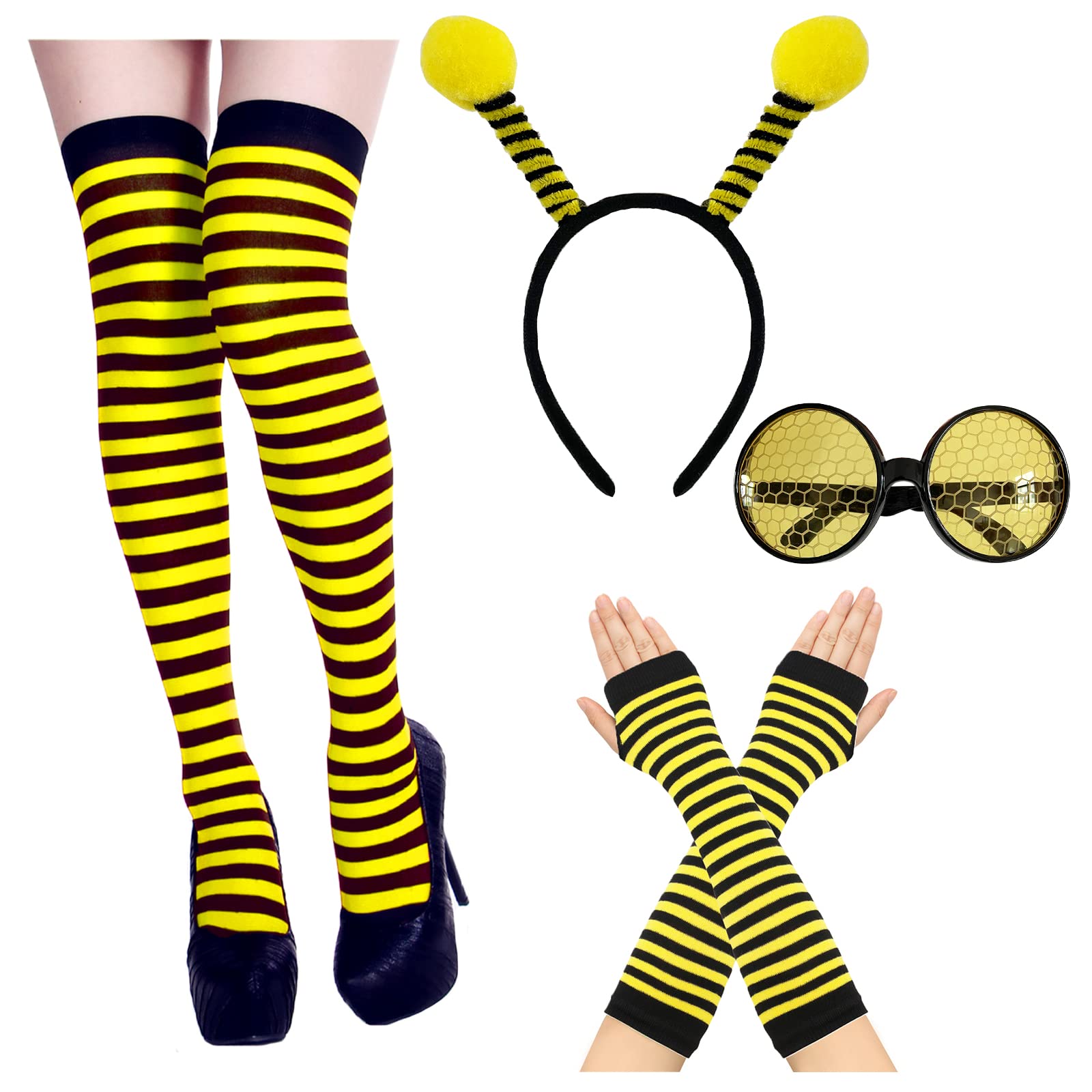 YAXAMING 4 Pcs Halloween Bee Headband Eyeglasses Glasses Stockings Gloves Bee Antenna Hair Hoops Bands Headpiece Hairband Sunglasses Women Cosplay