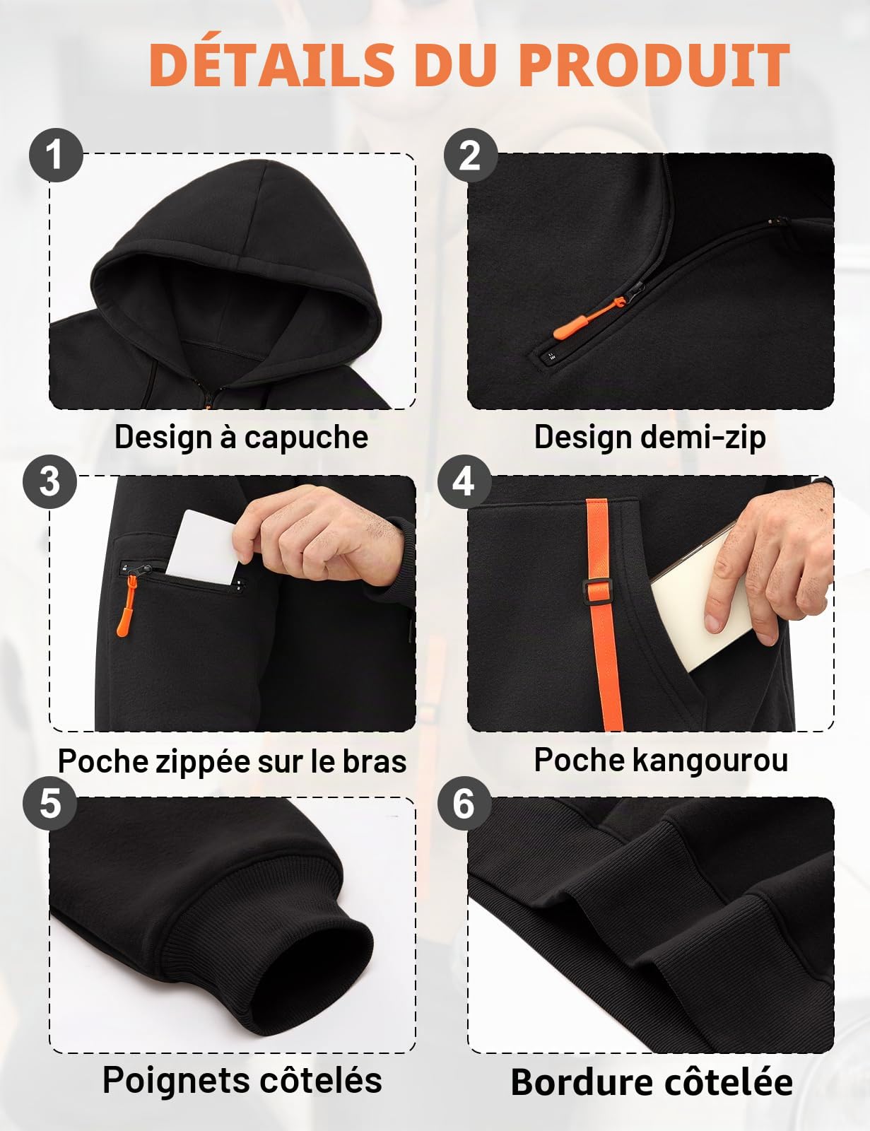 Voqeen Sweats À Capuche Homme Quart De Fermeture Éclair Polaire À Cordon Sweatershirt Manches Longues Hoodie Coupe Ample 1/4 Zippée Top De Survêtement De Sport avec Poches Kangourou