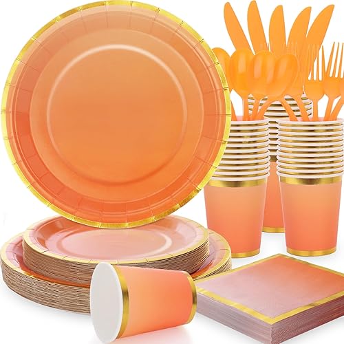 Miniatura 1 de Platos de papel naranja para decoración de fiesta, 168 piezas, platos y servilletas naranjas para 24 invitados, platos de papel de otoño,