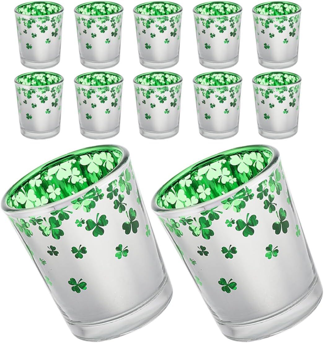 12Pcs Green Glass Candle Cups with Shamrock Design St Patrick Day Candle Holders for Festive Home Decor Party Centerpieces and Wedding Celebrations