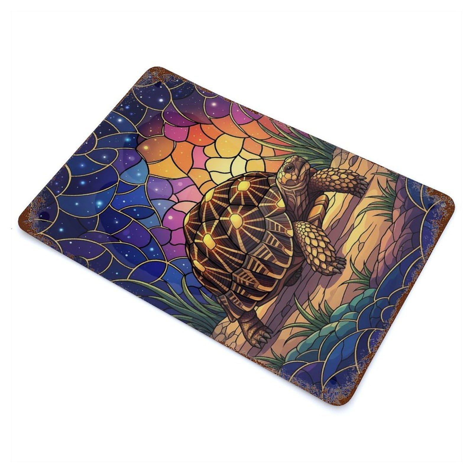Distressed Metal Wall Sign with Stained Glass Turtle Design 11.8"x7.9", for Living Room, Hallway And Home Decor, Vintage Wall Decor