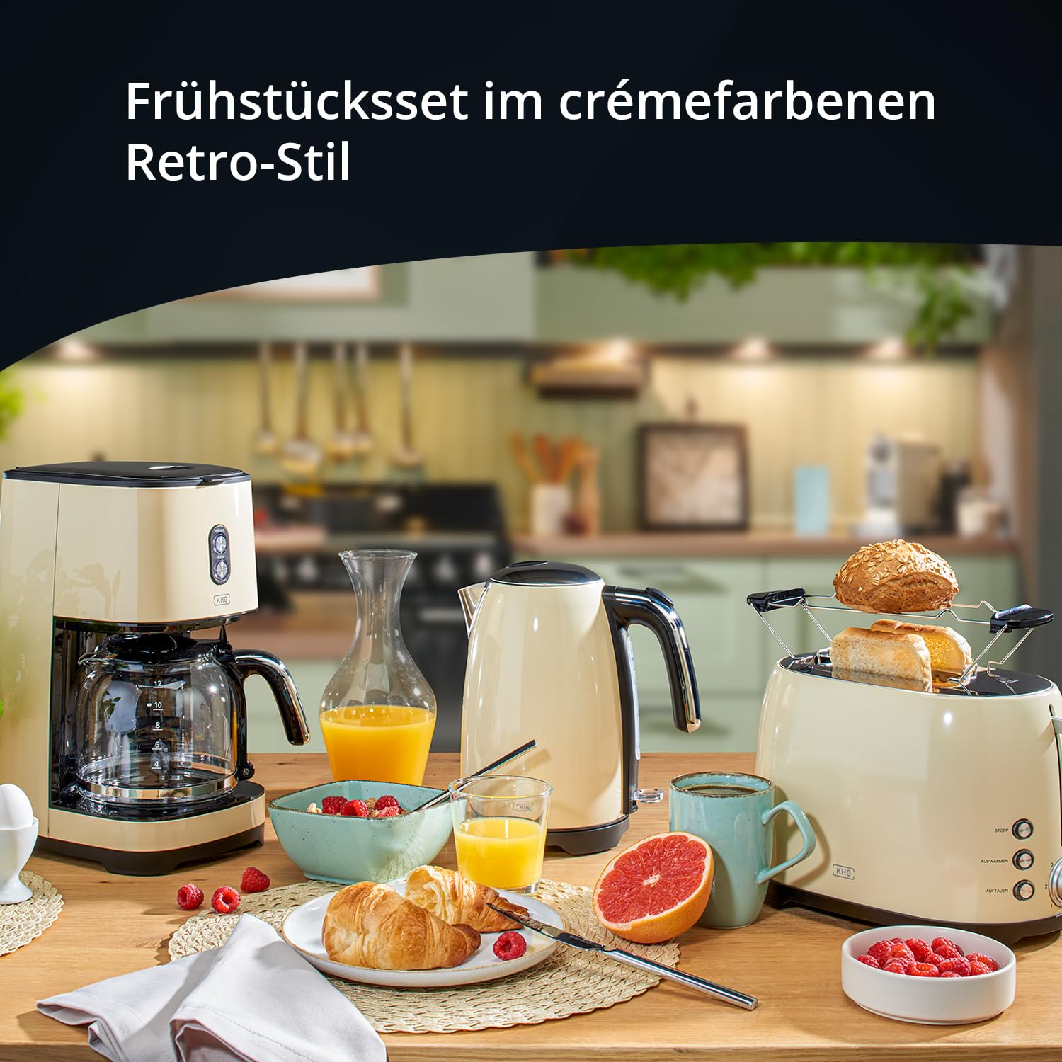 KHG Frühstücksset Wasserkocher Toaster Kaffeemaschine Creme Beige Retro 1,7 Liter 2 Toastscheiben 12 Tassen 360° Sockel