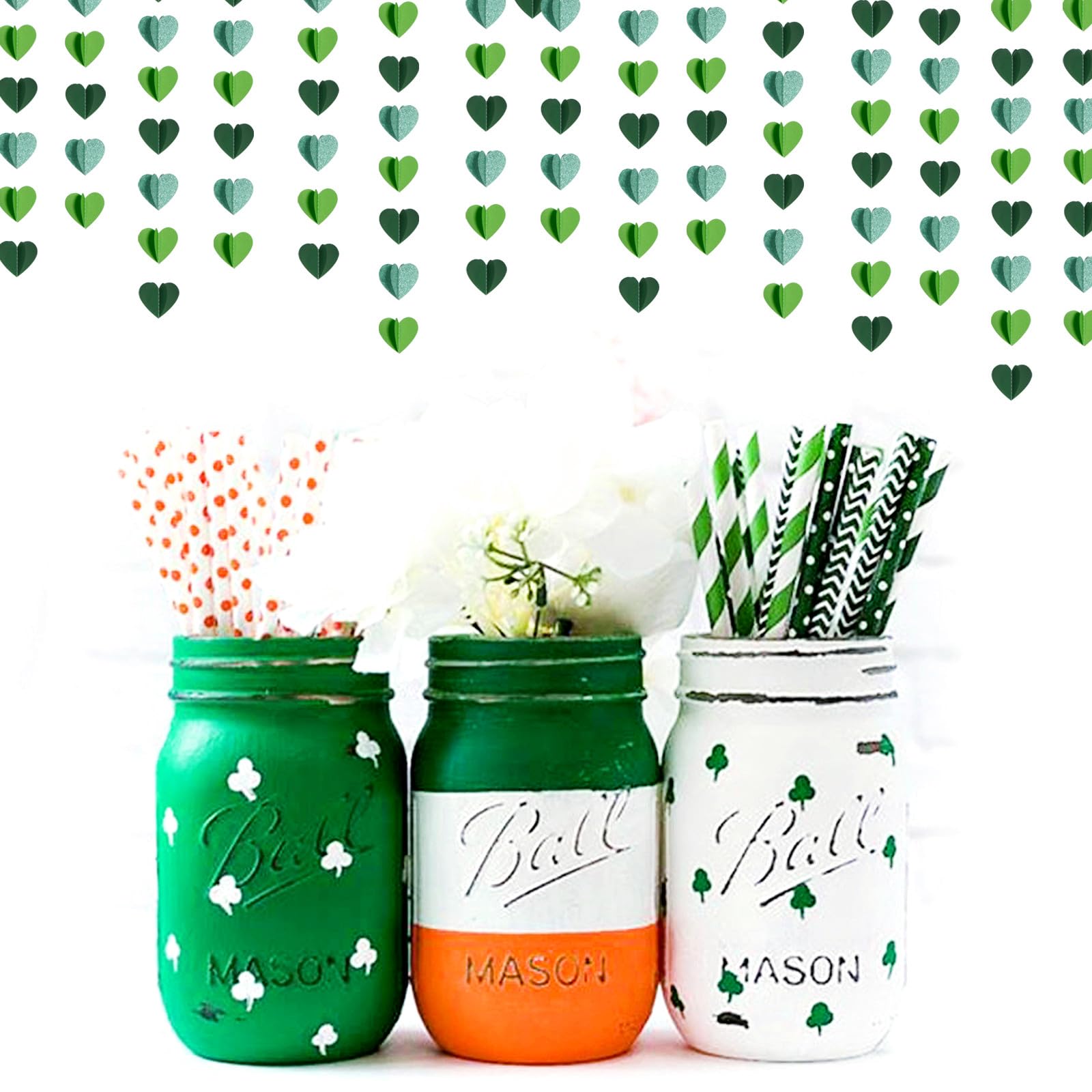 Grüne Party-Dekoration, Herz-Girlande, 14 m, 3D-Frühling, Sommer, Garten, hängende Luftschlangen, Banner, Geburtstag, Hochzeit, Verlobung, Babyparty, St. Patrick's Day, Hintergrunddekoration Burgleda