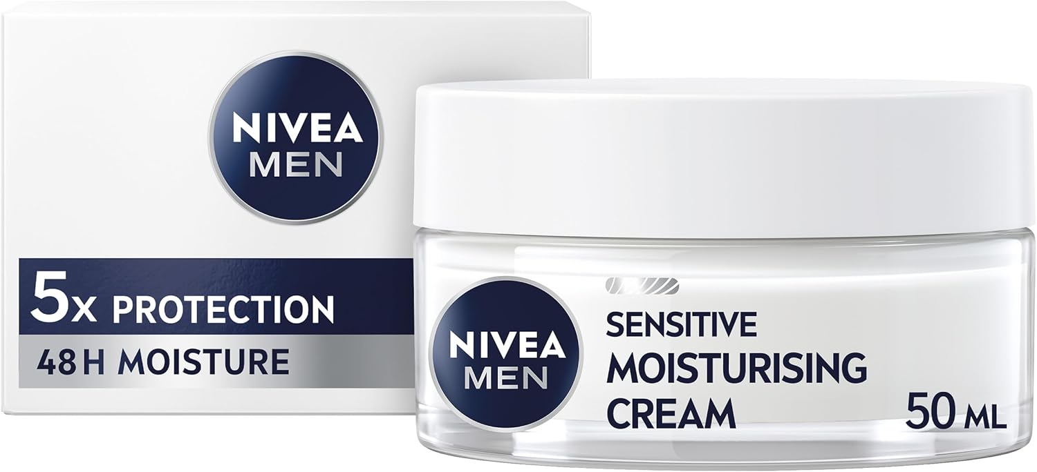 NIVEA MEN Sensitive Moisturising Cream (50ml), Face Care Moisturiser with Vitamin Pro Complex & 0% Alcohol for All-Day Relief from Skin Irritation & 48H Moisture, Ideal for Sensitive Skin