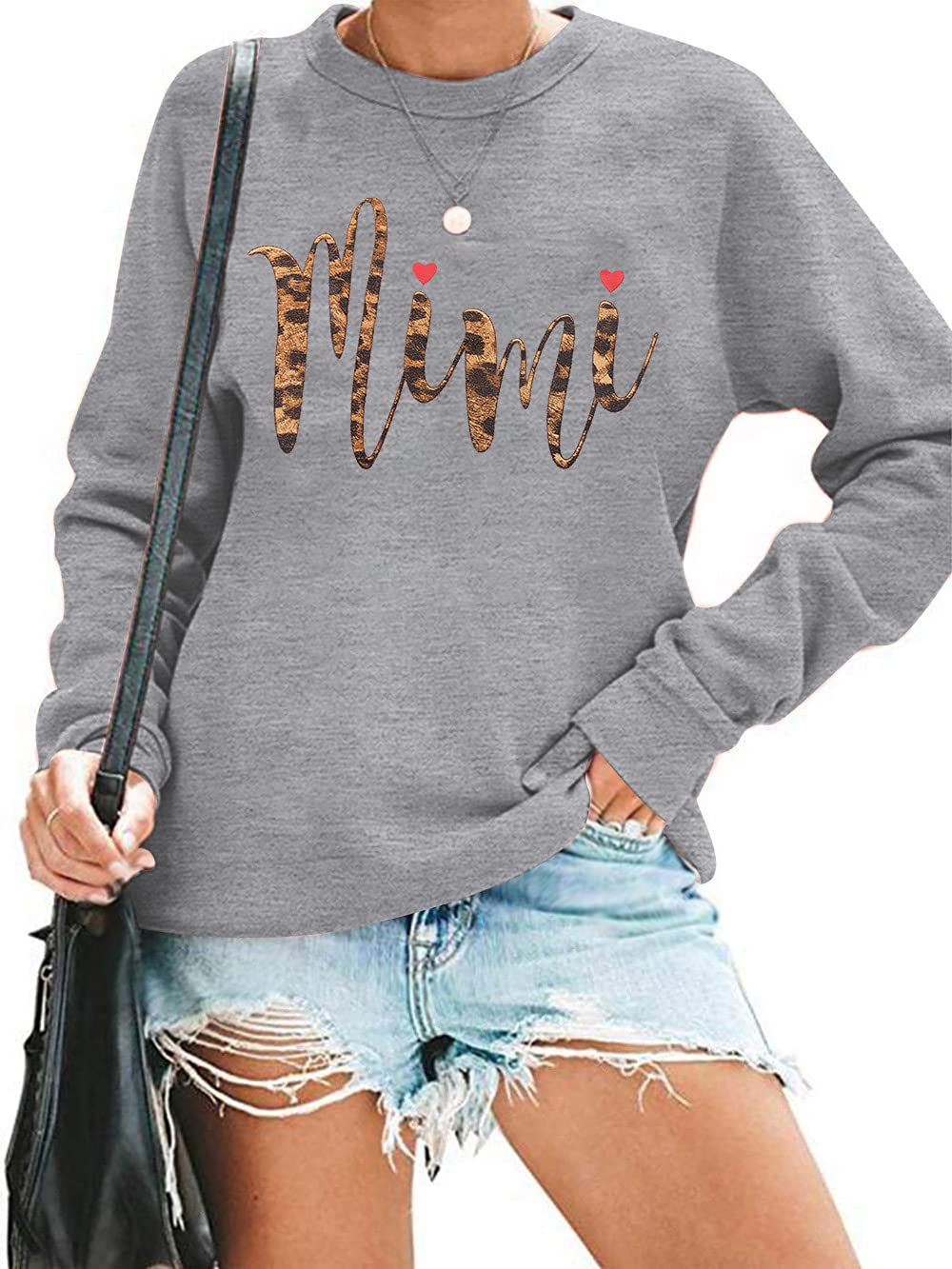 EGELEXY Leopard Mimi Sweatshirt Women Funny Letter Print Grandma Gift Blouse Top Casual Long Sleeve Shirt Tee