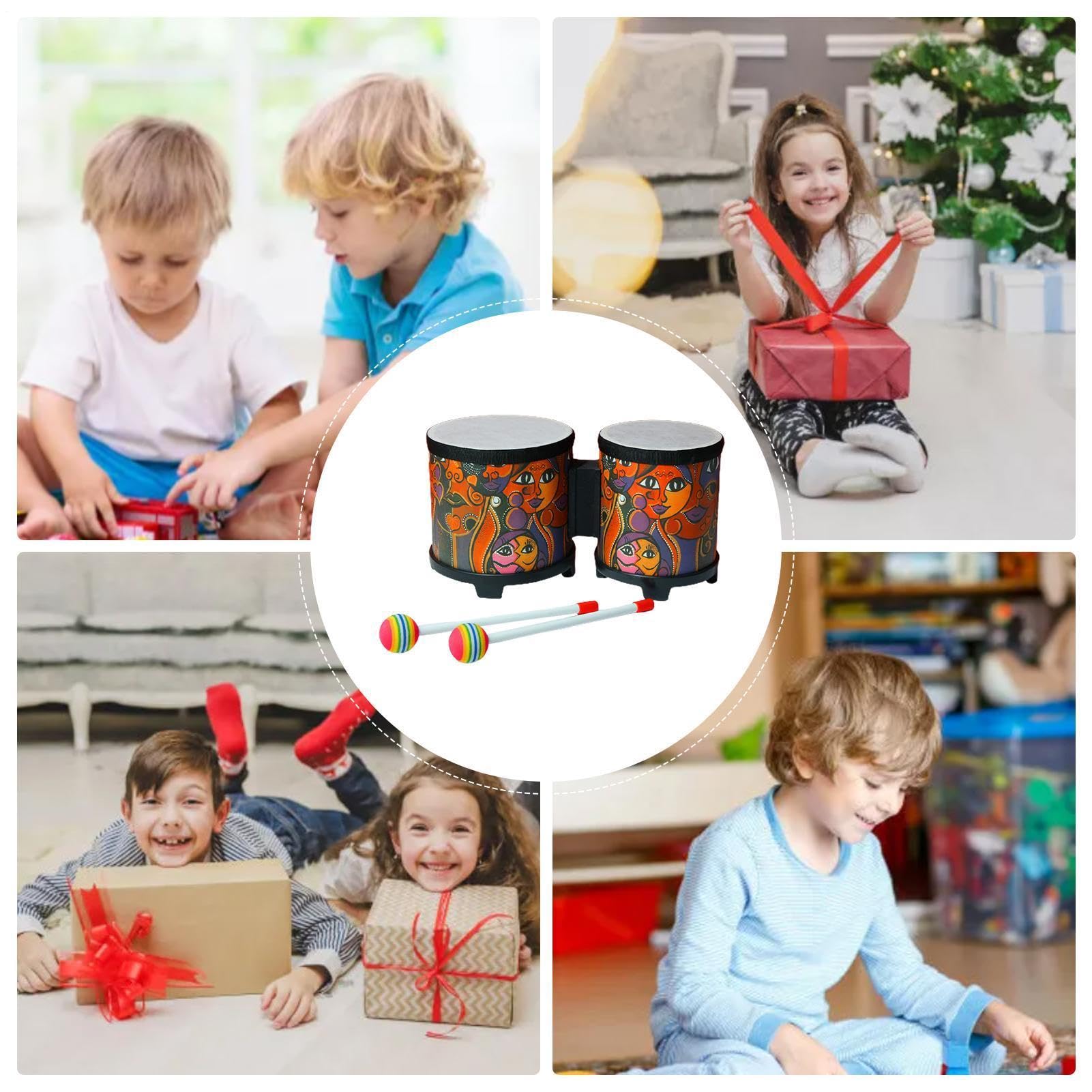 Bongo Drums Adulti, Bongo Tamburo | Strumento a percussione per bambini | tamburo musicale | Set di batteria per bambini, strumenti musicali in legno fatti a mano con 2 bacchette colorate, regalo di