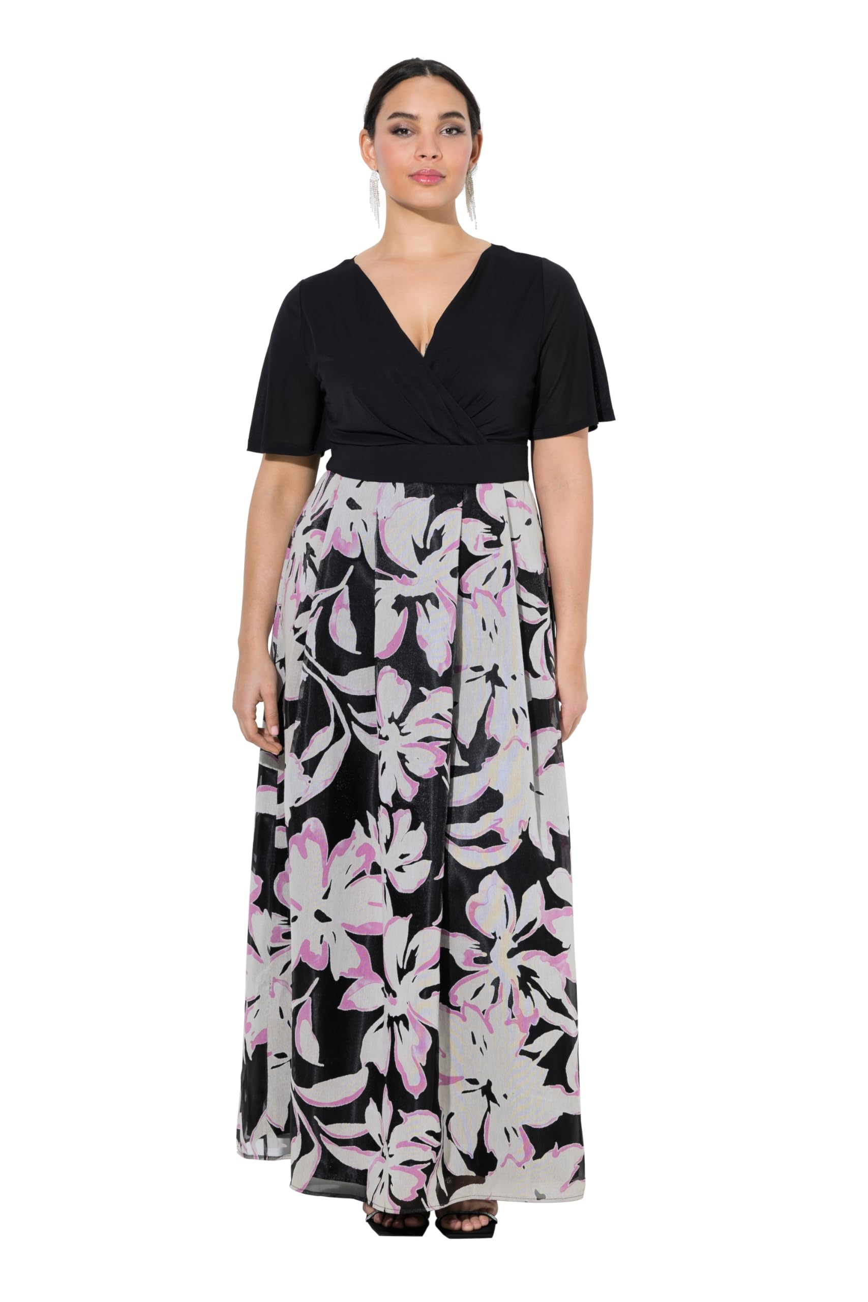 Ulla Popken Damen große Größen Übergrößen Plus Size Maxikleid, Ausbrenner, V-Ausschnitt, Halbarm 849368