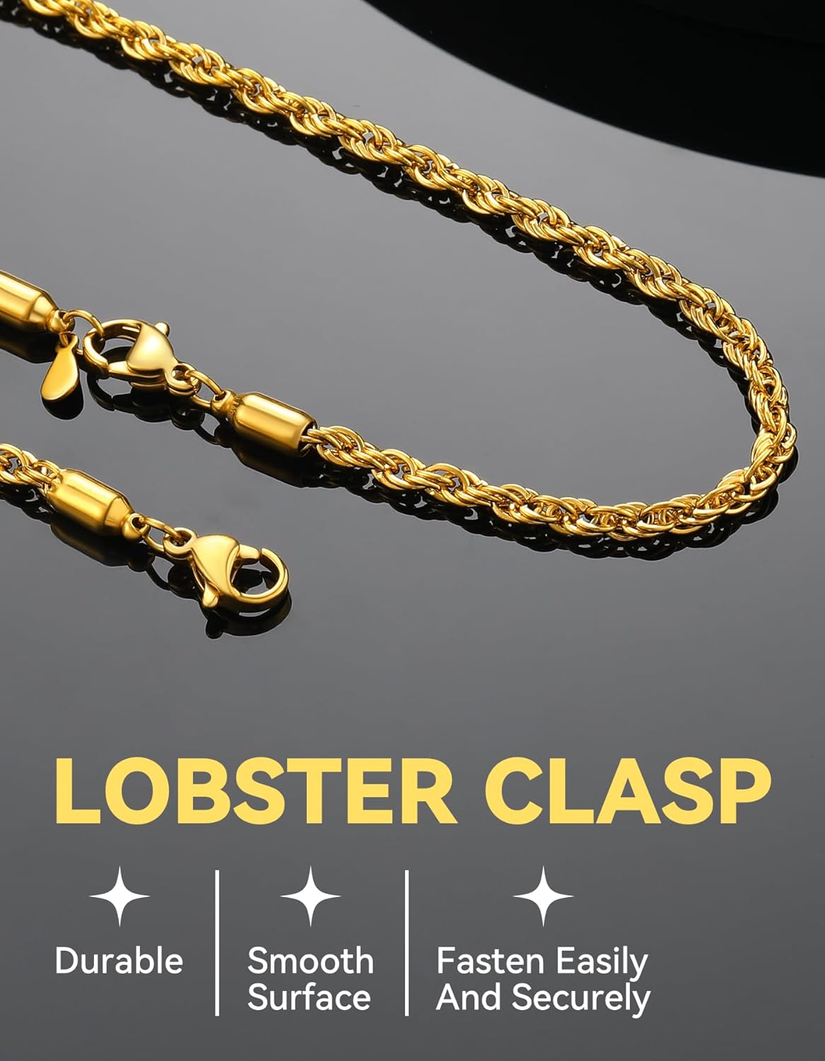 ChainsHouse Rope Chain for Men Women, Stainless Steel Twisted Chain Necklace 1.5mm/2mm/3mm/3.8mm/6mm Width, Black/14K Gold Mens Rope Chains Jewelry 16"-30", Send Gift Box - Image 4