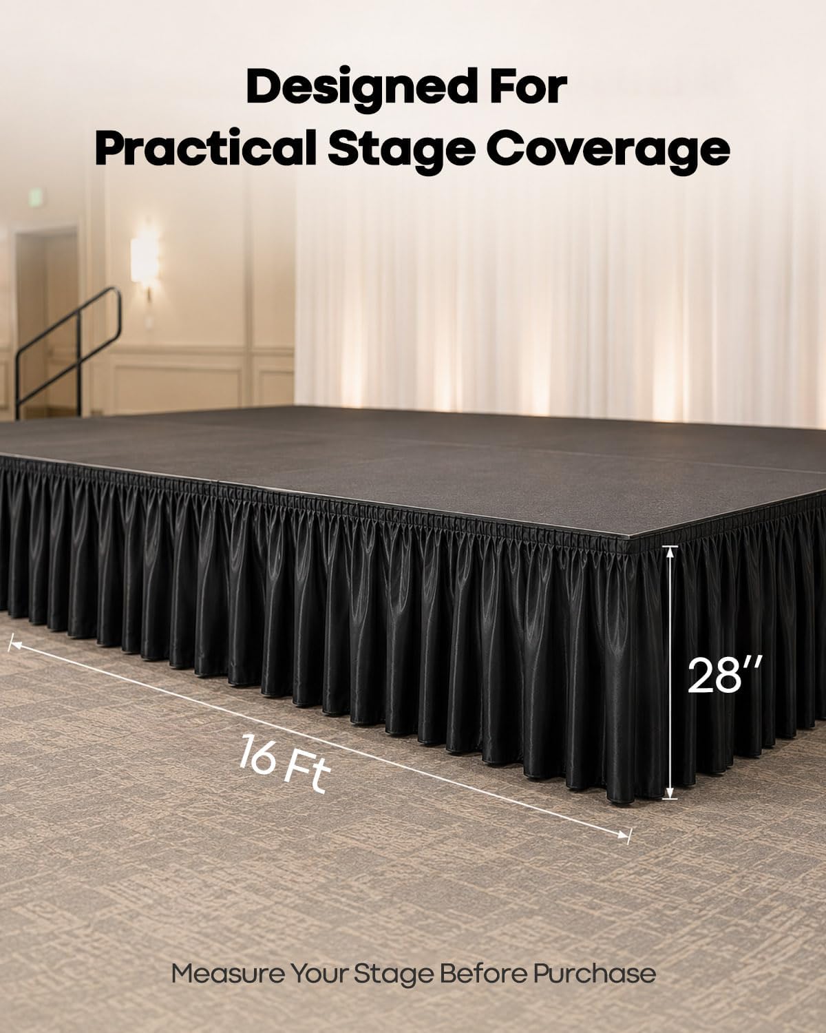 16Ft X 28 Inch Black Stage Skirt, Self-Adhesive Satin Stage Skirting, Stage Cover for Events, Performances, Wedding Staging, Parties, Banquets, Exhibitions, Graduations and Holiday Decorations