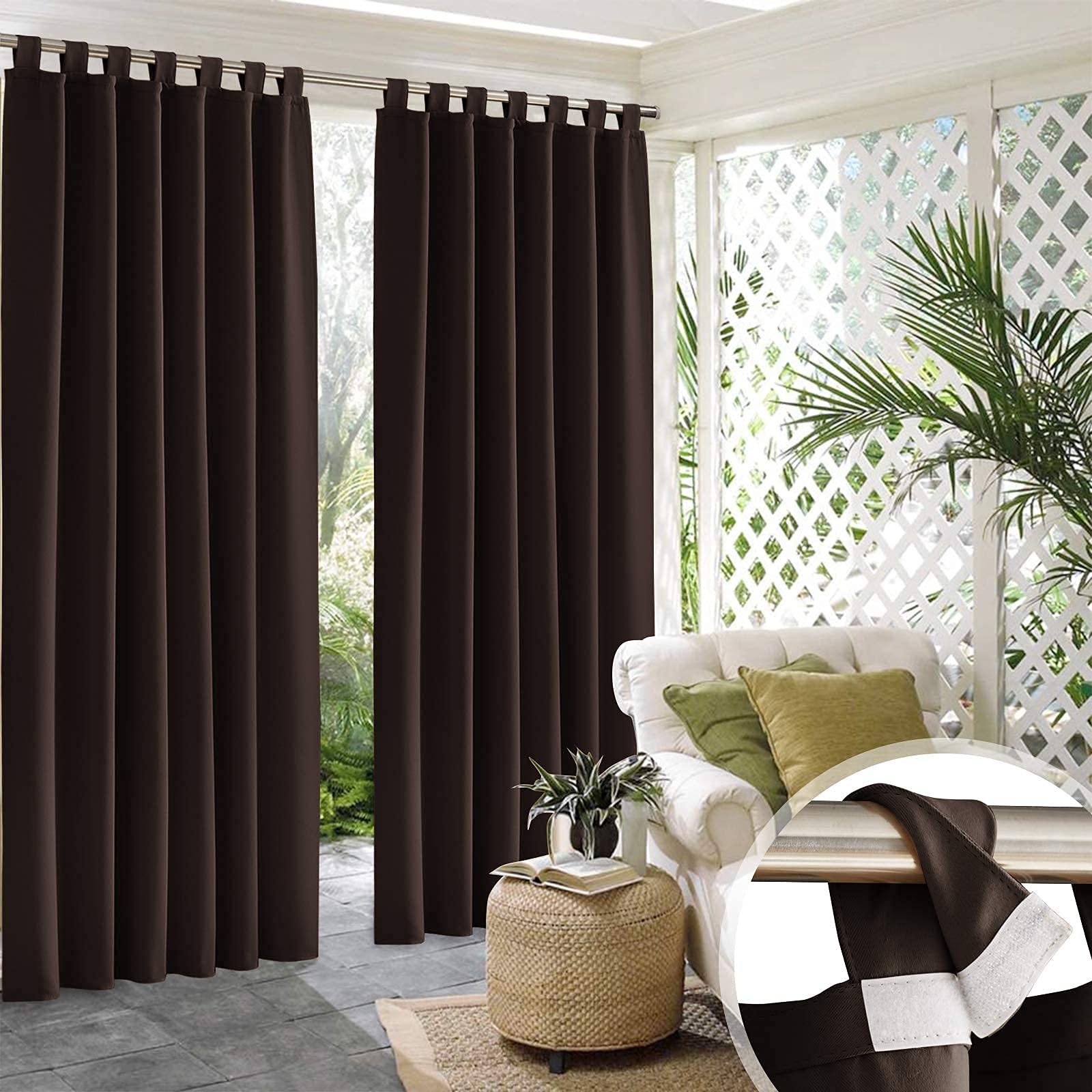 RYB HOME 2 Panels Detachable Top Outdoor Curtains for Patio Waterproof Thermal Insulated Blackout Curtain Screen for Garden Terrace Porch Lanai, 52