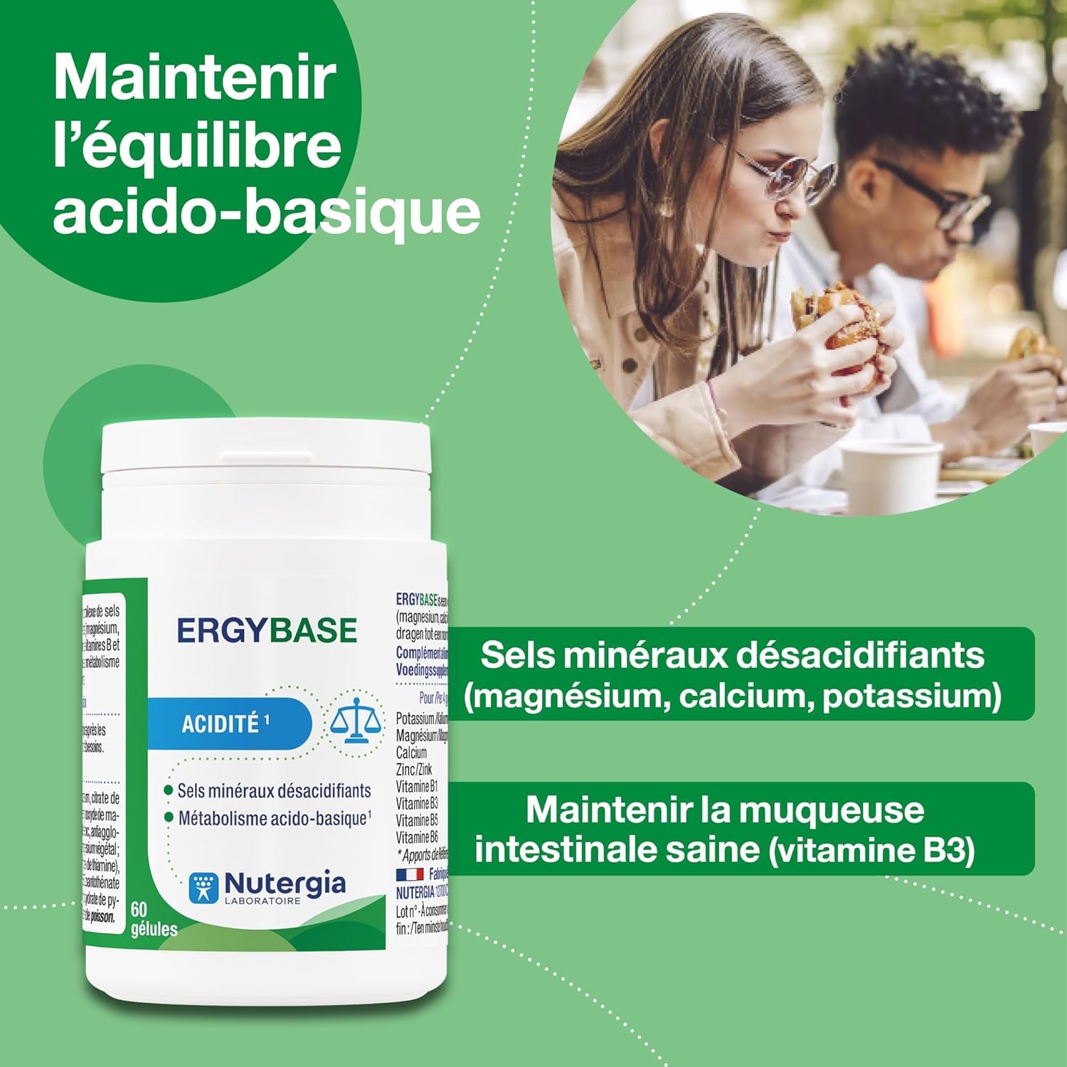 Nutergia ERGYBASE Acidité Complément Alimentaire Lot de 2 Boites 60 Gélules Maintien Équilibre Acido-Basique Enzymes Digestives