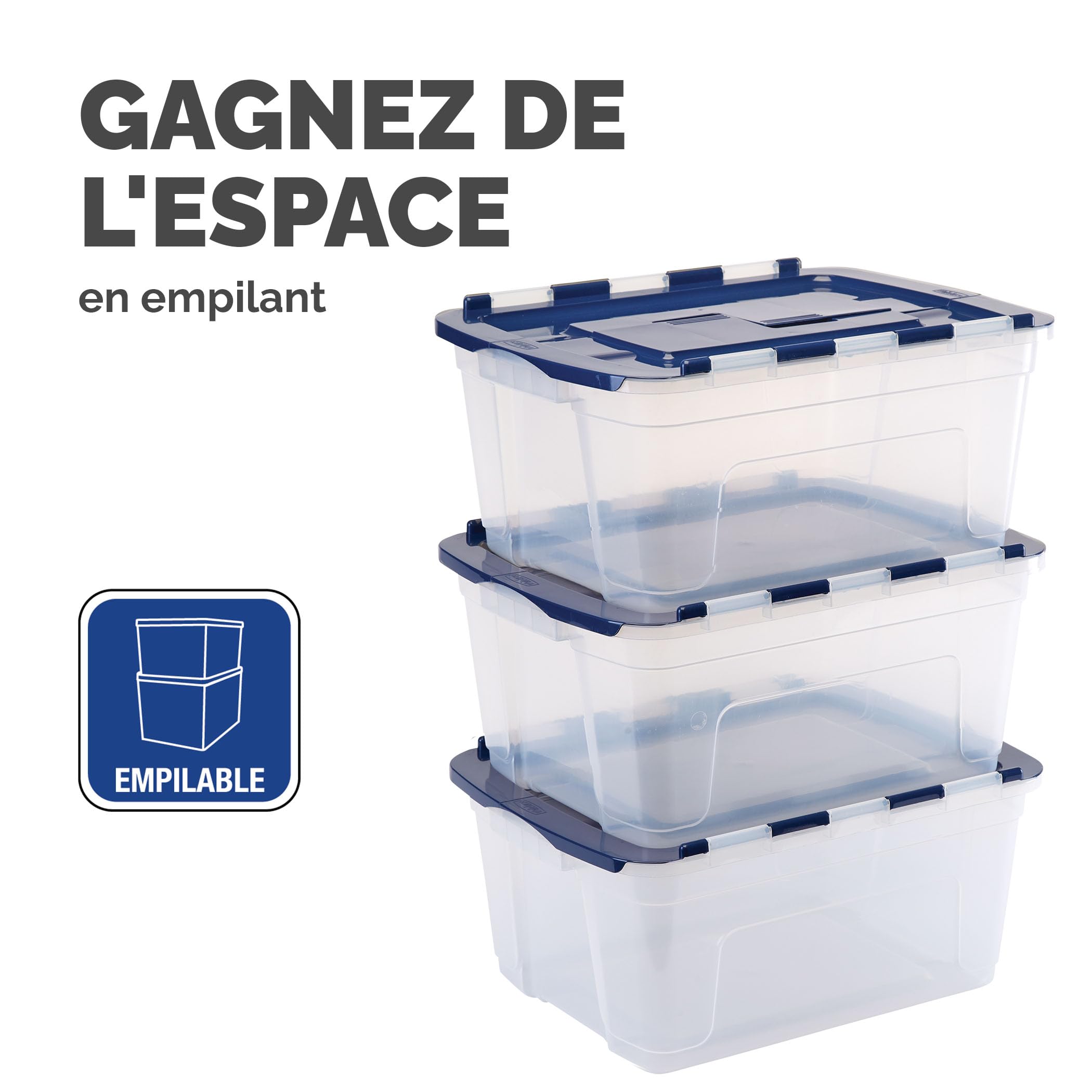 BANKERS BOX 45L Boîte fourre-tout en plastique, pack de 3, Polypropylène sans BPA, couvercles 100% recyclés, emboîtables et empilables, couvercle fendu, 28x43x59cm, polyvalent pour maison et bureau