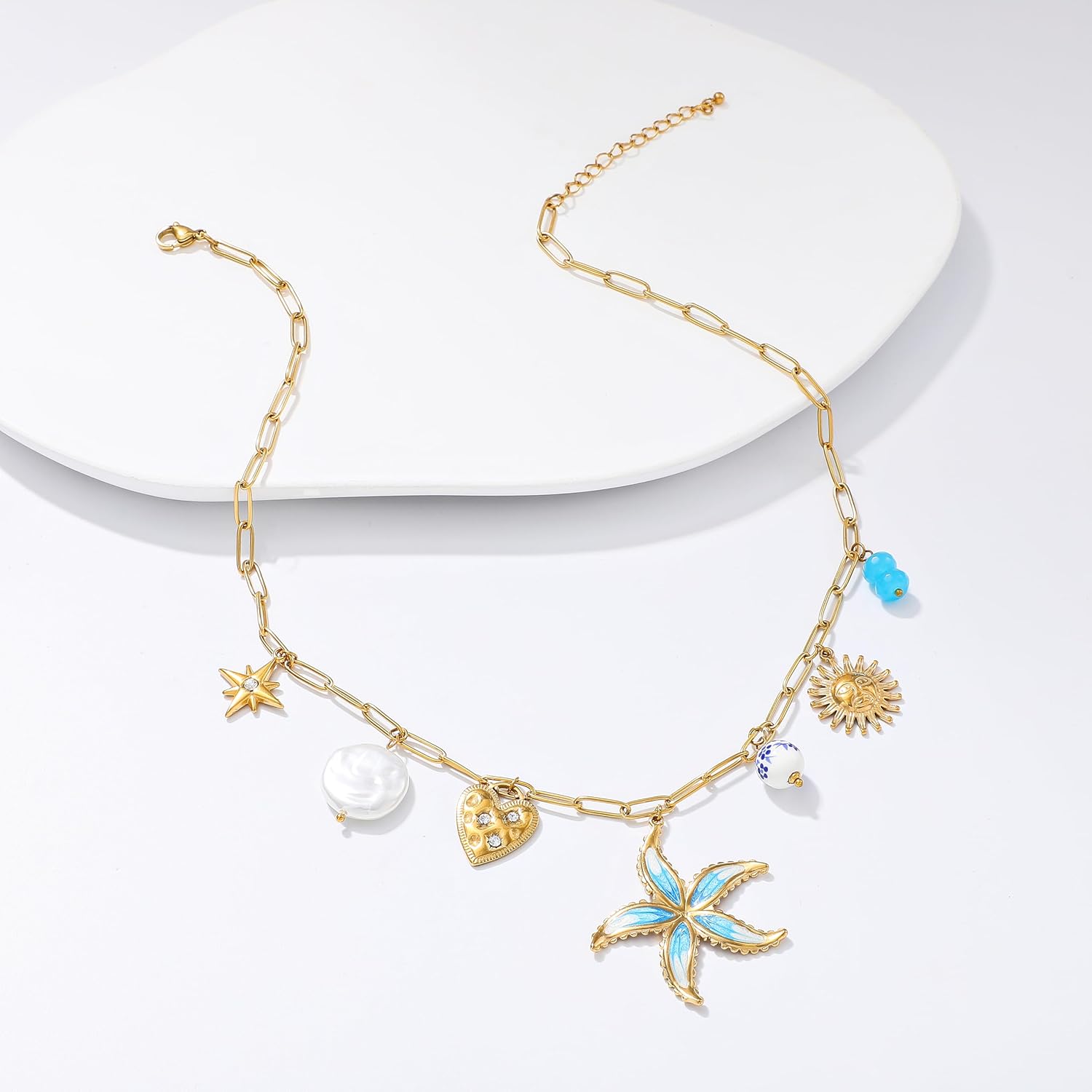 LALAPPLE Chunky Charm Necklace for Women 14K Gold Plated Stainless Steel Trendy Cute Summer Beachy Charm Pendant Hypoallergenic,Boho Summer Seashell Beach Starfish Surfer Jewelry - Image 6