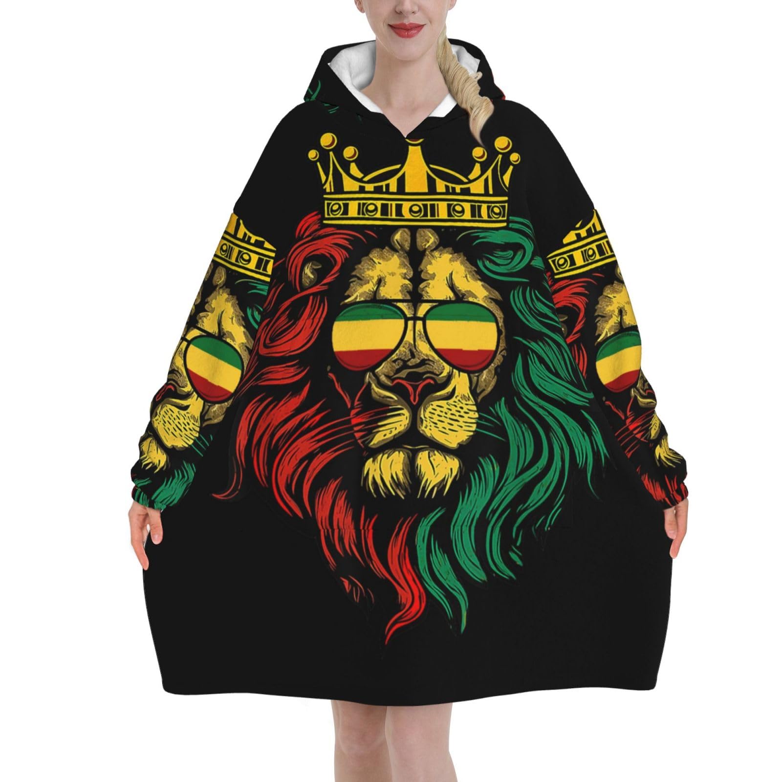 Peiyeety Unisex Reggae King Rasta Flag Lion Black Blanket Hoodies For Women And Men Adult Oversize Wearable Blanket Hoodies For Soft And Warm