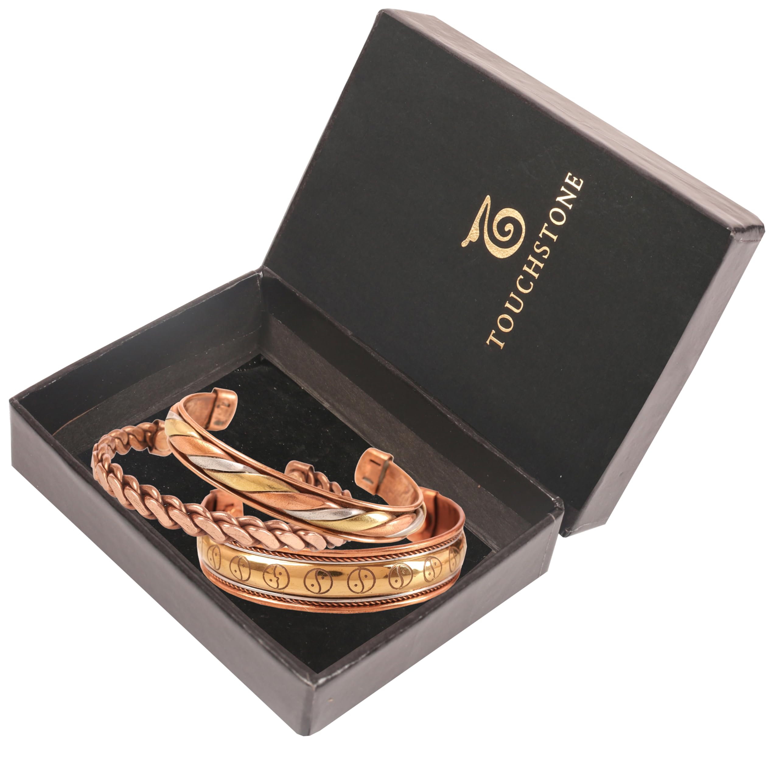 Touchstone Copper magnetic healing bracelet Tibetan style. Hand forged with solid and high gauge pure copper. Set of 3 different designs in 3 metals.