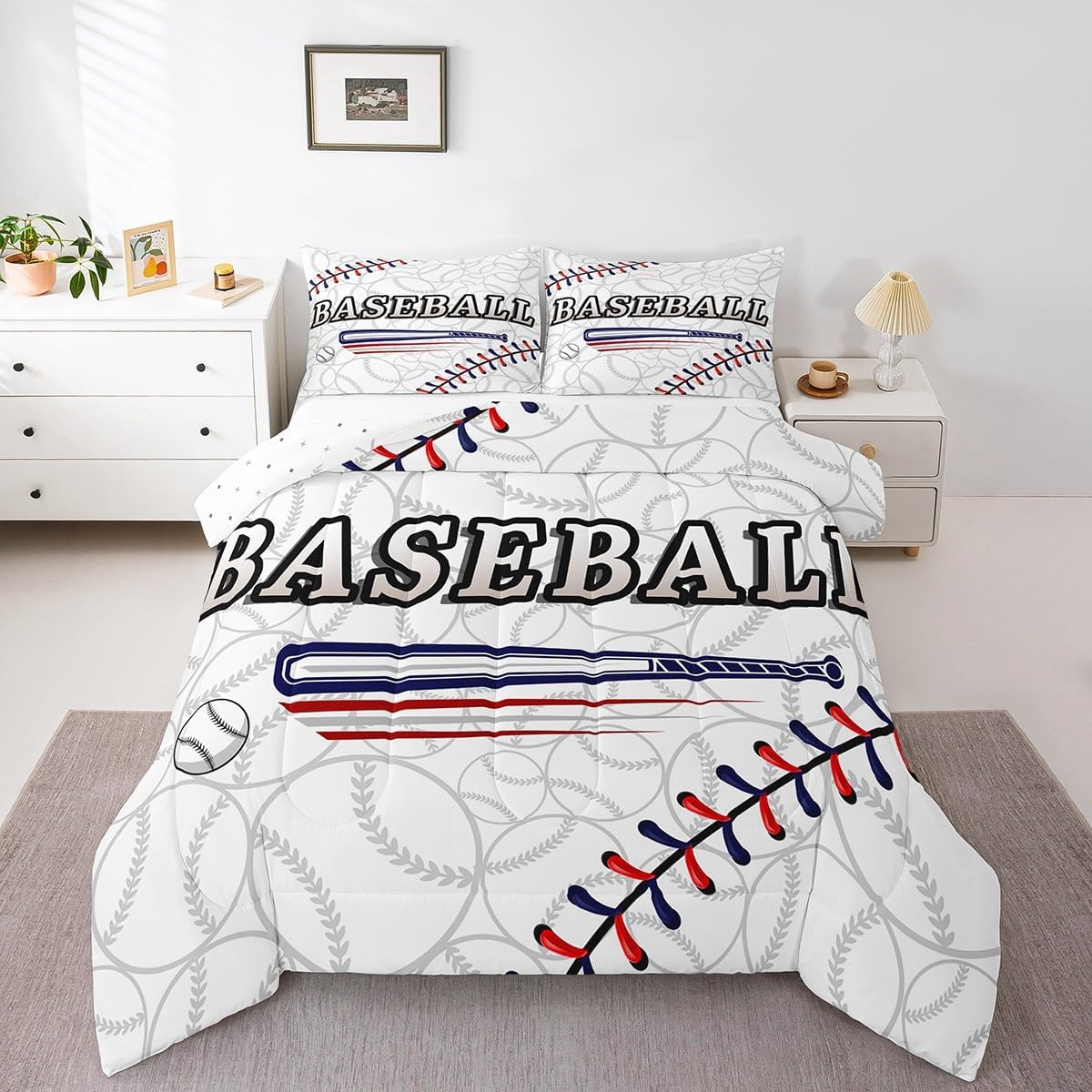 Erosebridal Toddler Size Baseball Bedding Set for Boys Sports Themed Quilt Soft Microfiber Comforter Set Ball Gaming Court Print Down Comforter with 1 Pillow Case,White Blue Red