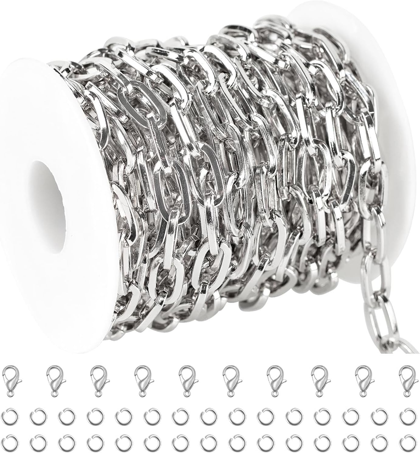 Kyutong 5 Meters Silver Chains for Jewelry Making Oval Paperclip Link Chain Spool Aluminum Jewelry Chain for Mens Craft DIY Supply Jewelry Findings