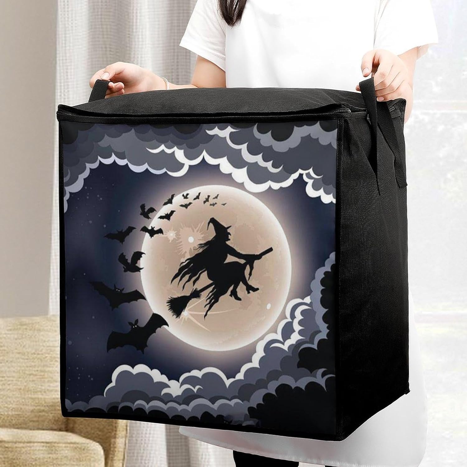 Halloween Flying Witch Storage Bag,Large With Handle Quilt Organizer Portable Zipper Storage Bags Foldable Storages Containers for Wardrobe Clothes Blanket Bedding
