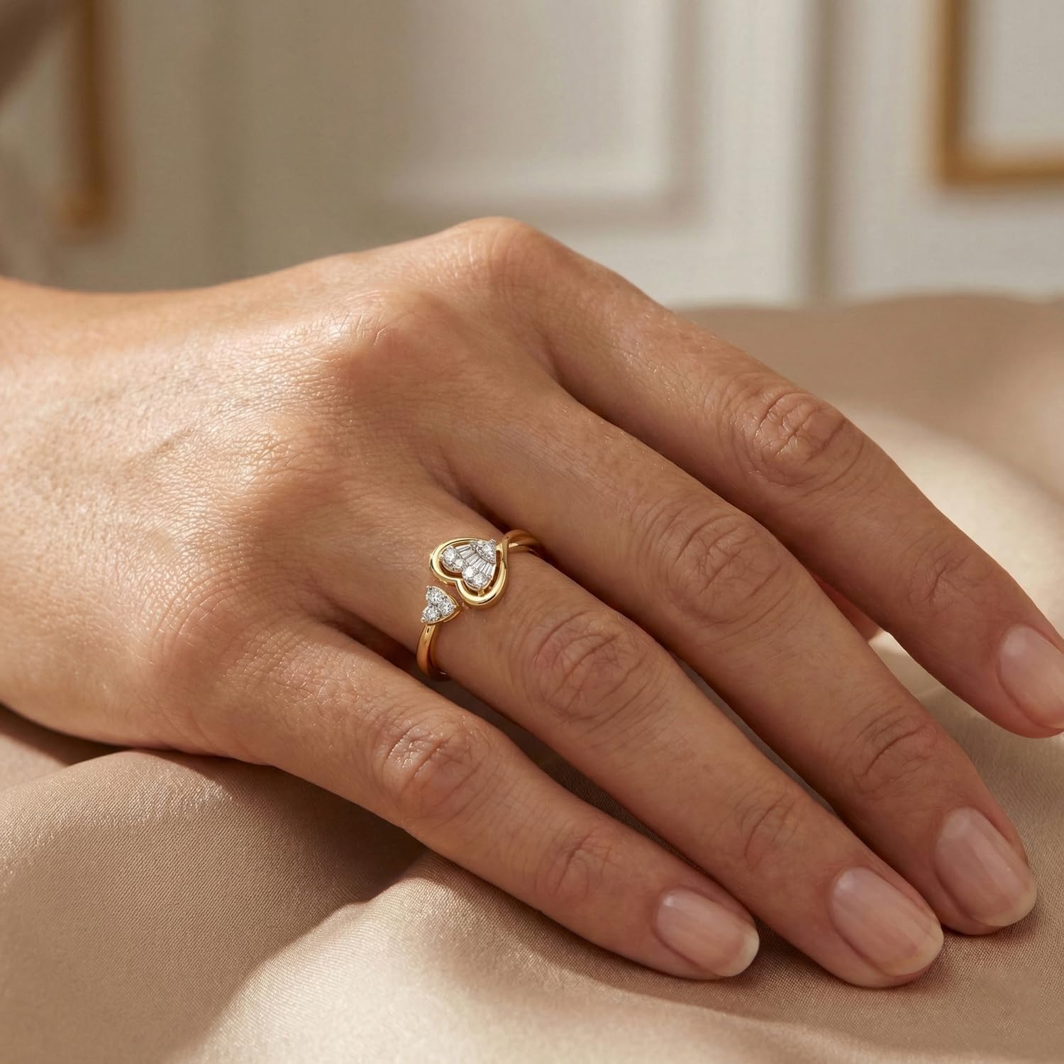 10K Yellow Gold Heart Shape Natural Diamond Ladies Ring, 0.15 CTW with Round & Baguette Cut, Symbol of Love (Color-H-I, Clarity-I2-I3)