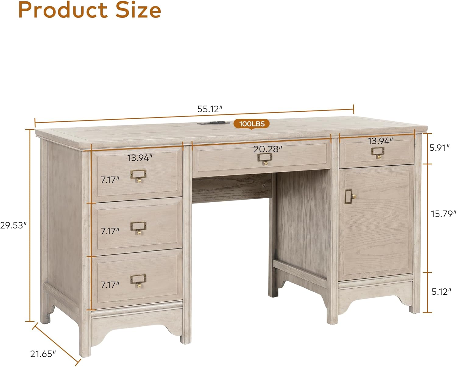 Chogori 55" Solid Wood Executive Desk, Farmhouse Office Computer Desk with 5 Drawers & Storage Cabinet, Wooden Writing Table for Home Office Study Bedroom (Gray)