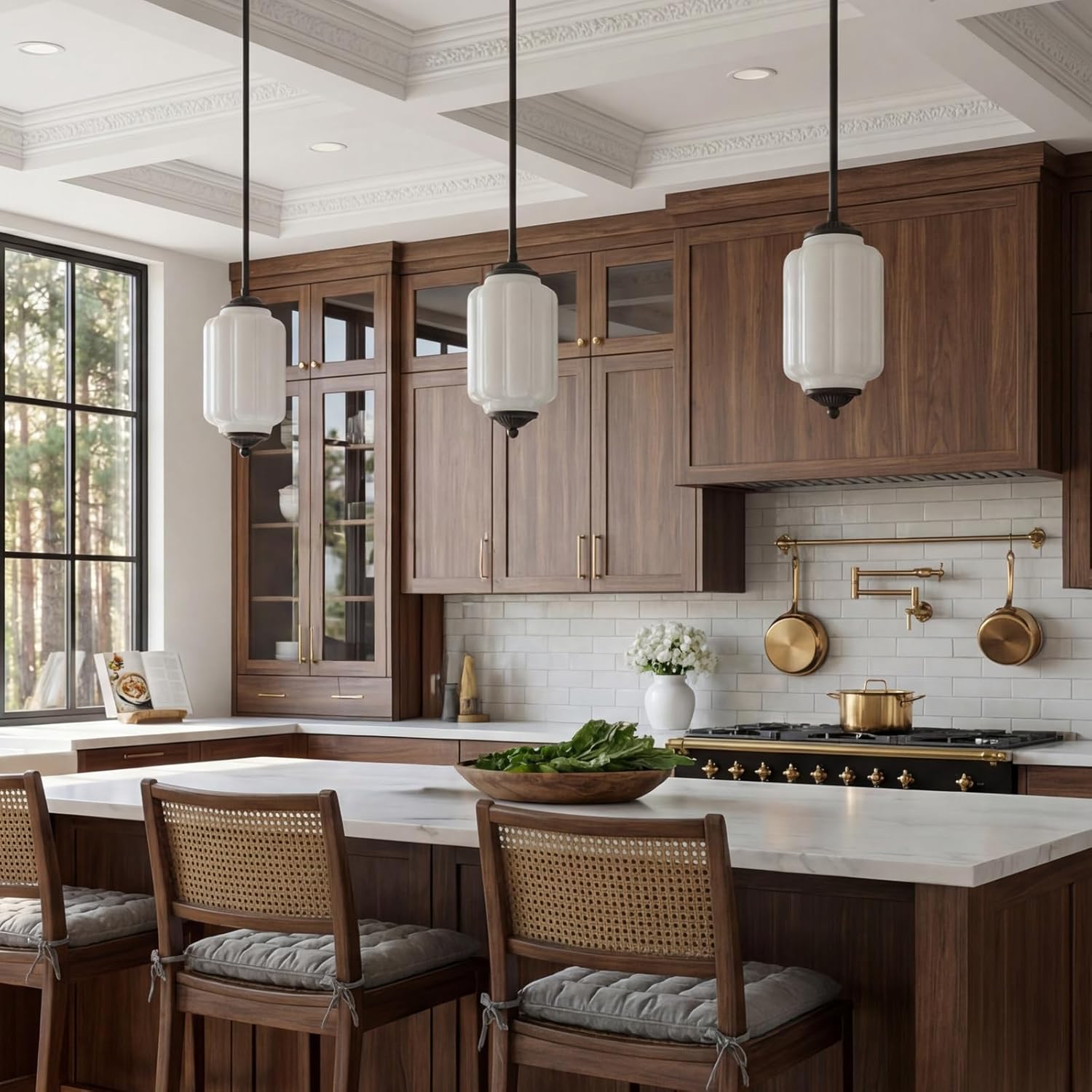 Farmhouse Pumpkin Pendant Light Vintage Milk Glass Shade, Brass Color Adjustable Canopy, Retro Industrial Glass Ceiling Light Fixture for Dining Room, Entryway，Kitchen Island (Black White)