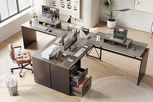 Miniatura 4 de Bestier Escritorio elevado en forma de L con cajón de archivos, escritorio de oficina de 55 x 55 pulgadas con cajones de almacenamiento reversibles,