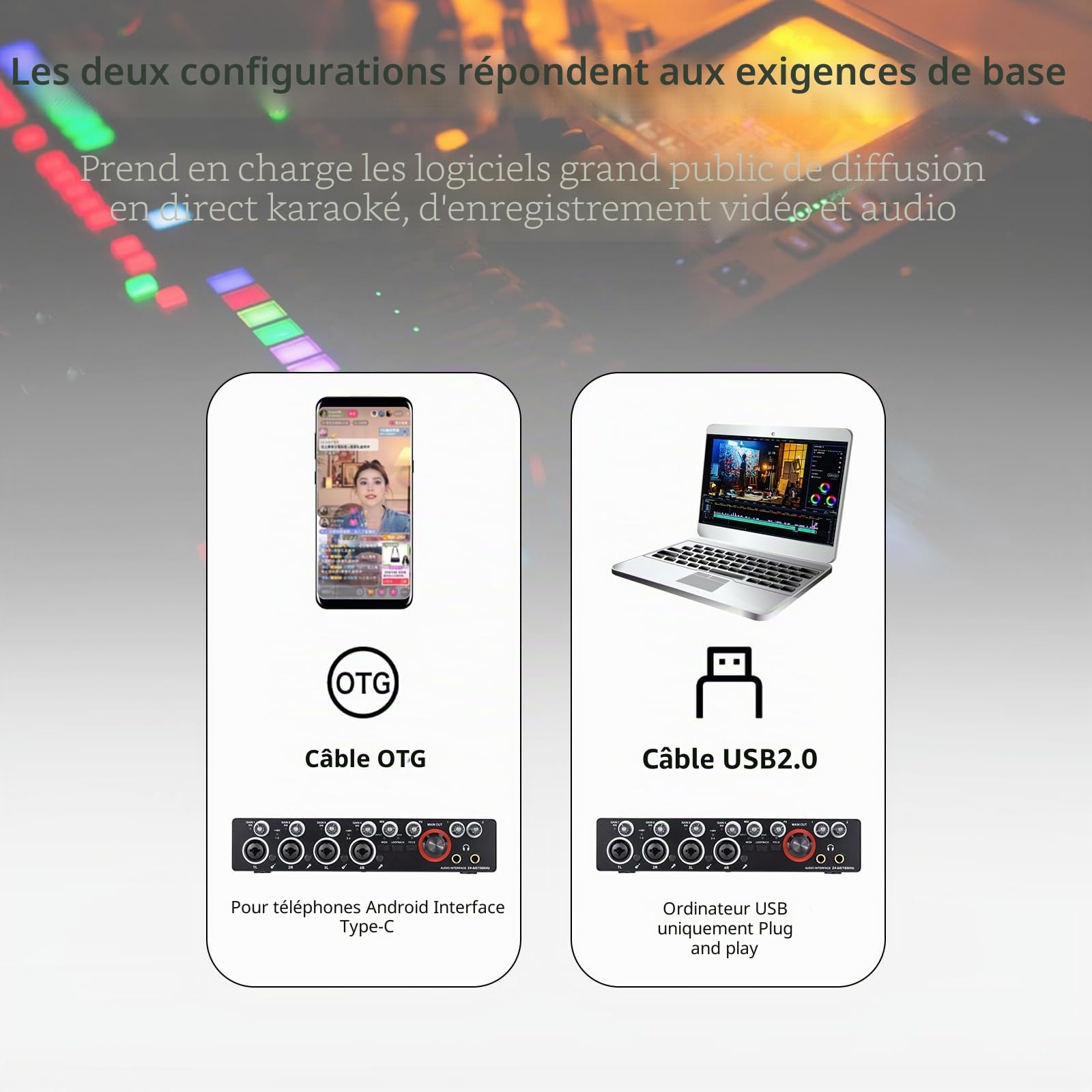 équipement de DJ Carte son d'enregistrement 4 canaux avec interface audio sans pilote, carte son USB 4 entrées 4 sorties, alimentation fantôme 24 bits/192 kHz 48 V pour l'enregistrement