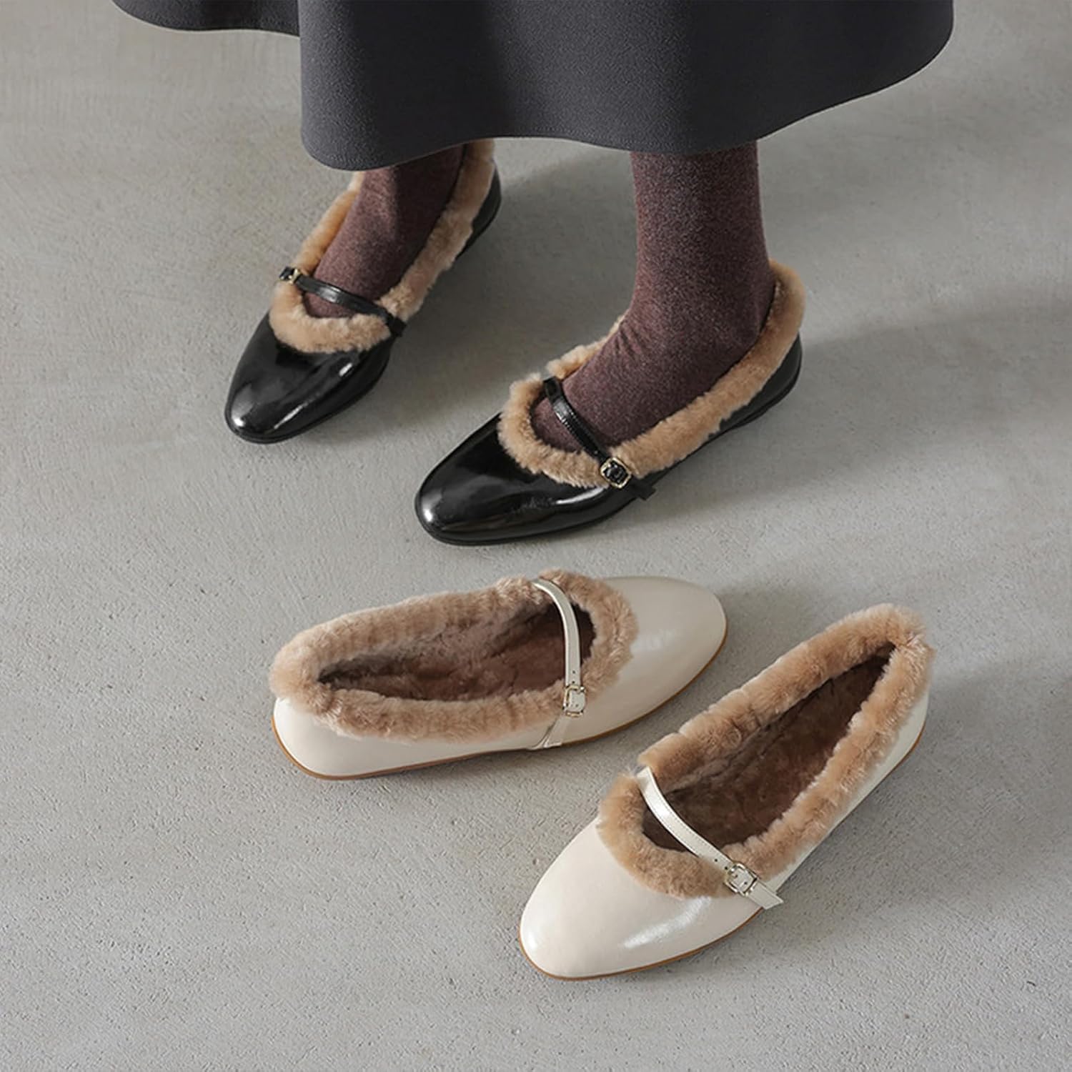 Autumn/Winter Fleece-Lined Mary Janes Flat Sole with Single Buckle Closure Comfortable and Soft Warm and Cozy Stylish and Versatile Essential Wardrobe Staple