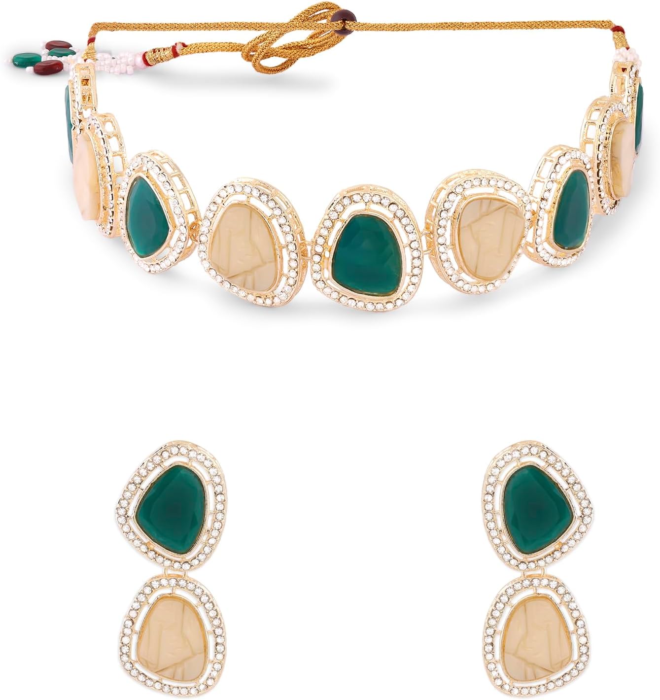 ZAVERI PEARLSGreen Stones Mother of Pearls Embellished Choker Necklace & Earring Set For Women-ZPFK17633