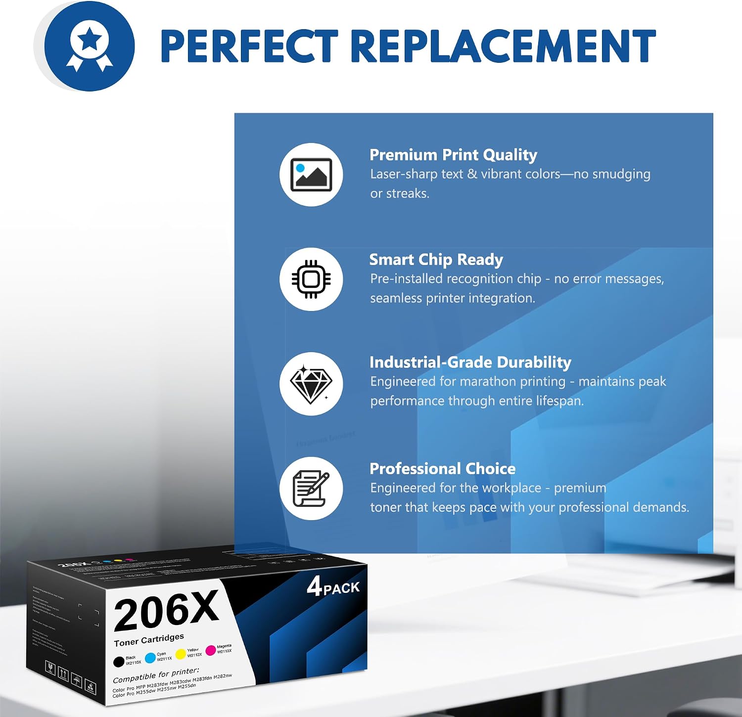 206X Toner Cartridges 4 Pack Set Replacement for HP 206A 206X Work with Color Pro MFP M283fdw M255dw M283cdw M283fdn M255nw M282nw Printer Ink 206