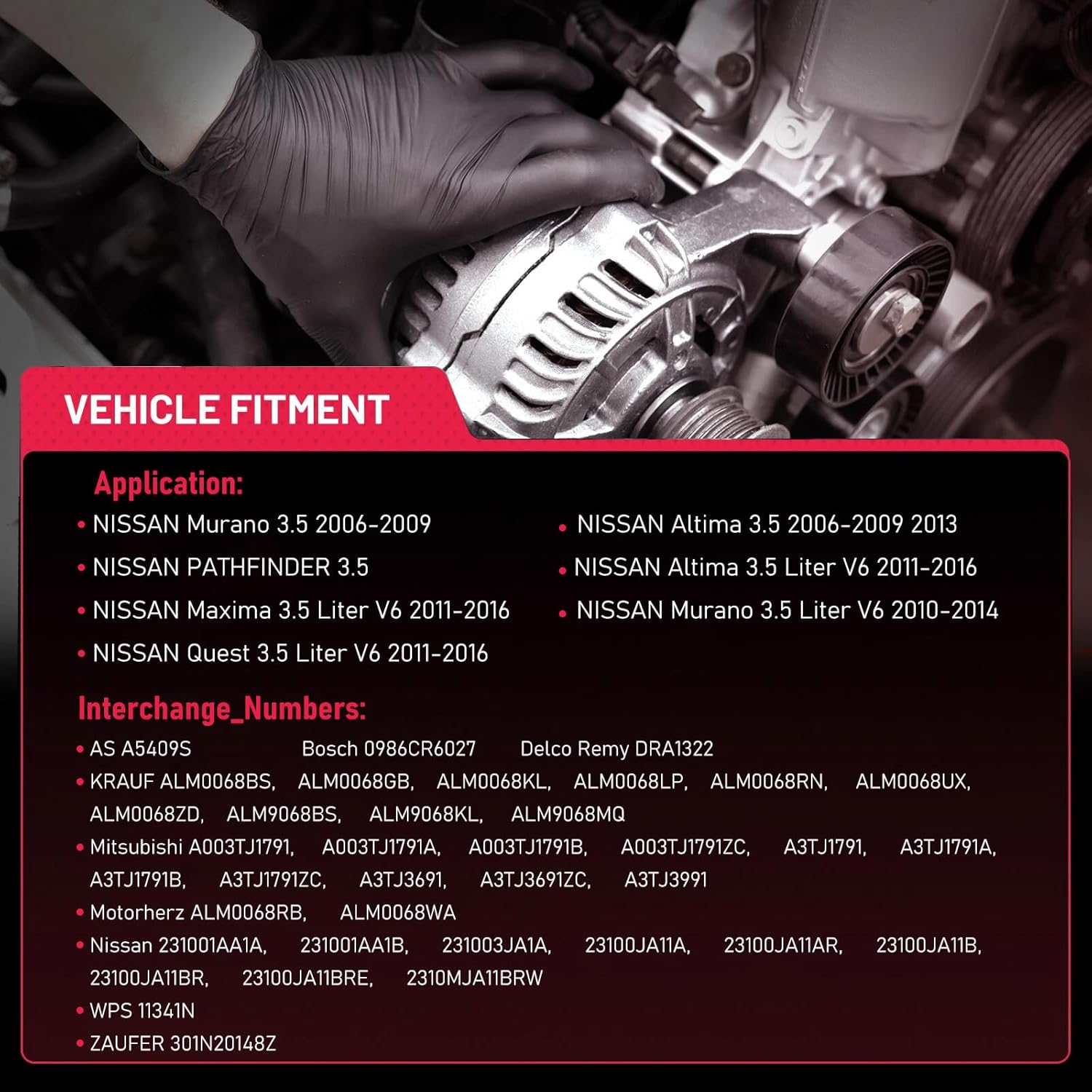 11341 11557 Car Alternators Fit for Nissan Altima 2007-2010, Murano 2009-2014, Maxima 2009-2010, Quest 2011-2016 3.5L Automotive Replacement Alternators 23100-1AA1A, 23100-1AA1B, 23100-JA11A