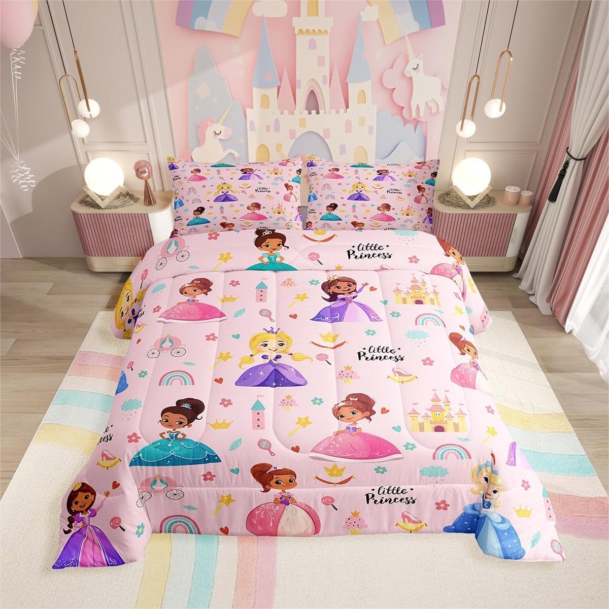 Erosebridal Kids Magical Princess Full Size Comforter Set, Girly Cute Castle Microfiber Bed Set for Bedroom, Cartoon Rainbow Breathable Quilt Set for Kids Girls, Pink Princess Down Comforter Pink Full image 5 of 9 B0FBRVXZX3