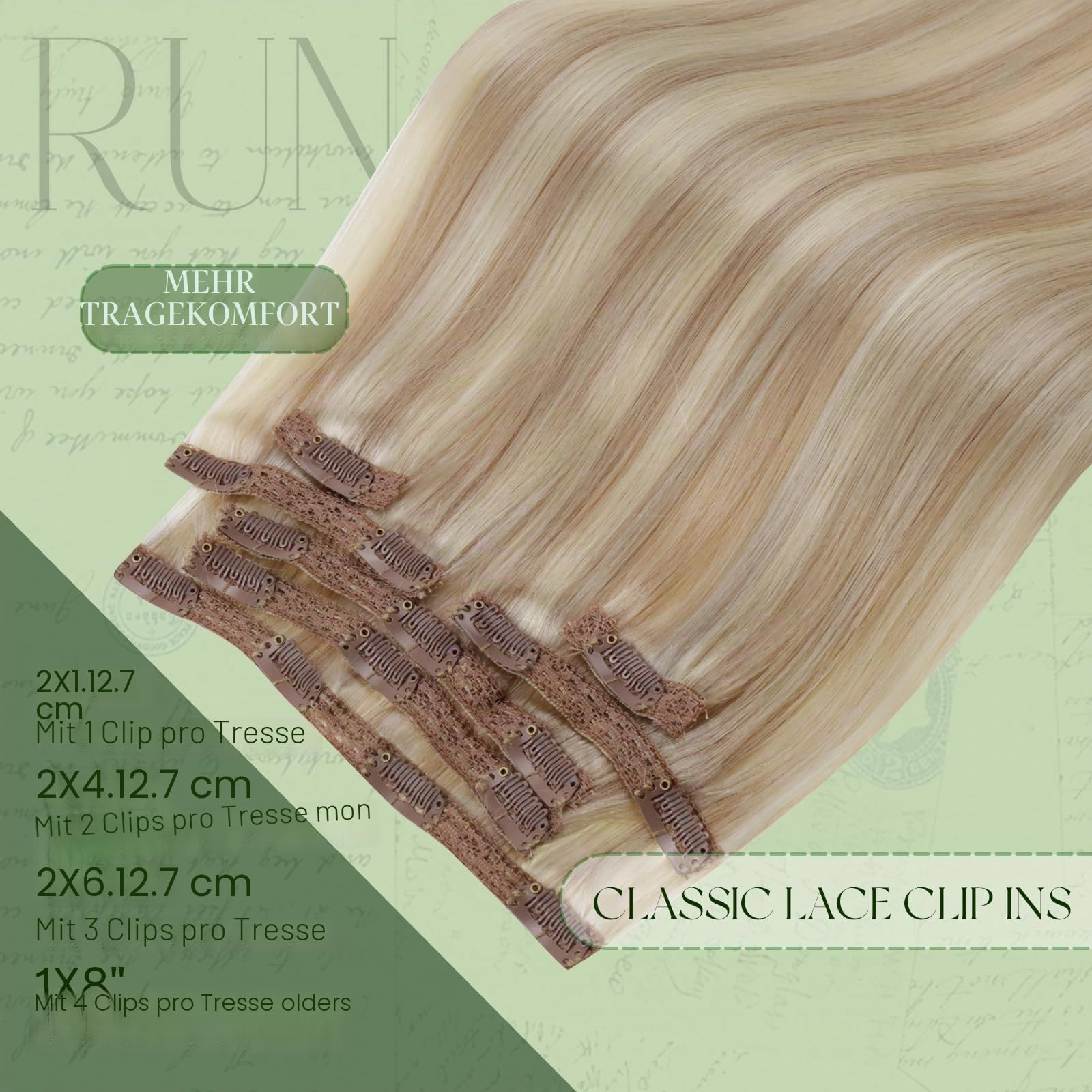 RUNATURE Clip in Extensions Echthaar Blond Highlight 25cm 7pcs 80g #18P60