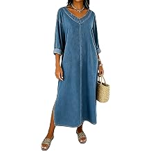 Women's Casual Summer 3/4 Sleeve Maxi Denim Dress V Neck Side Split Loose Flowy Shift Jean Dresses X-Large, Light-Blue