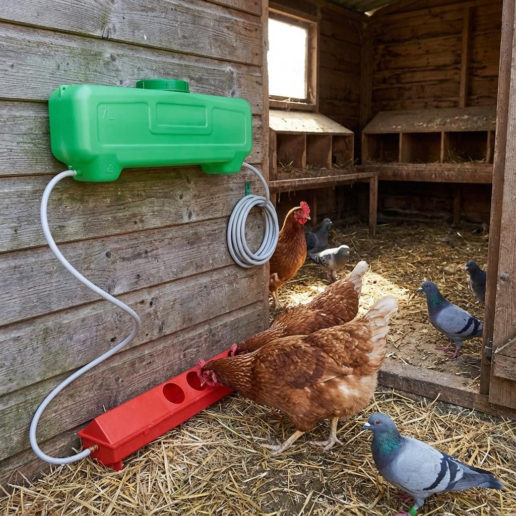 Suinga Kit Bebedero Automático para Gallinas, Palomas y Aves 7 Litros | 50x12x13 cm | Incluye Depósito, Bebedero, Tubería Flexible 25m | 4 Entradas de Agua | Fácil Limpieza y Regulación