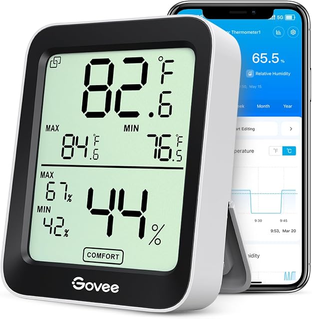 Govee Thermomètre Bluetooth Hygromètre, température ambiante APP Alertes et stockage des données, 50m Gamme Bluetooth, grande LCD Affichage, capteur de moniteur d'humidité pour le garage à serres bébé