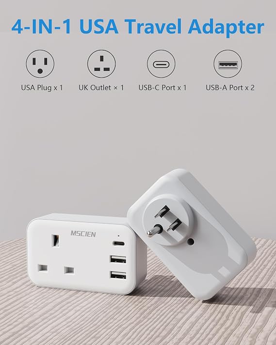 Mscien UK to US Plug Adaptor with 3 USB Ports, 4-IN-1 Plug Adapter, USB-C | Type B Travel Plug for US, Thailand, Mexico, Canada, Grounded, Compact Design, Essential Travel Accessories,