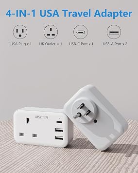 Mscien UK to US Plug Adaptor with 3 USB Ports, 4-IN-1 Plug Adapter, USB-C | Type B Travel Plug for US, Thailand, Mexico, Canada, Grounded, Compact Design, Essential Travel Accessories,